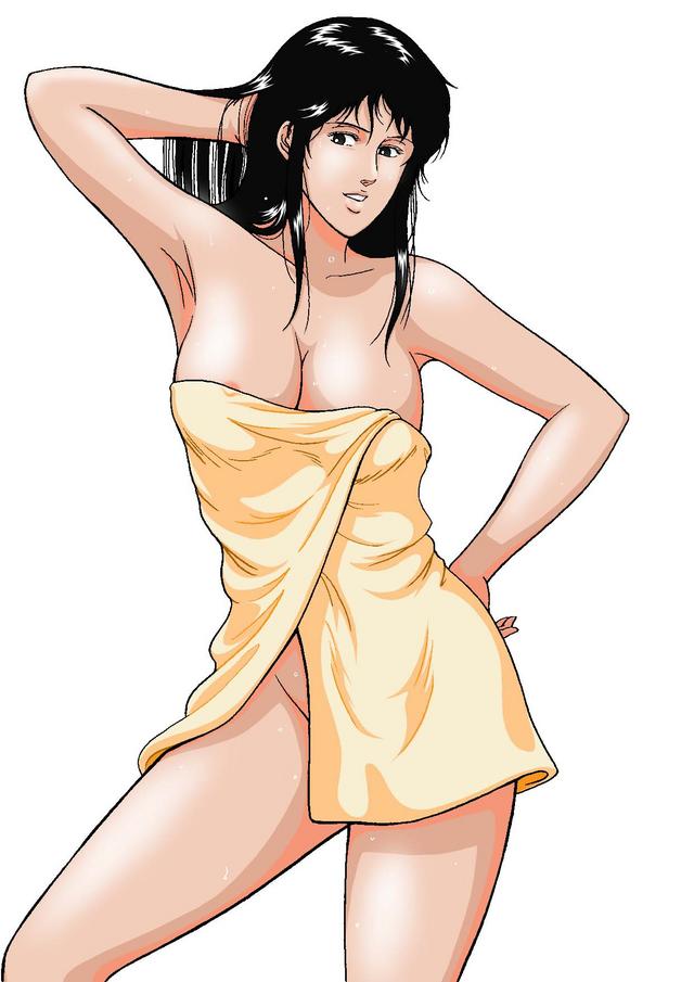 kisugi hitomi, cat's eye, 1980s (style), 1girl, arm up, bare legs, breasts, cleavage, legs apart, naked towel, nipple slip, nipples, nude, oldschool, retro artstyle, towel, wet