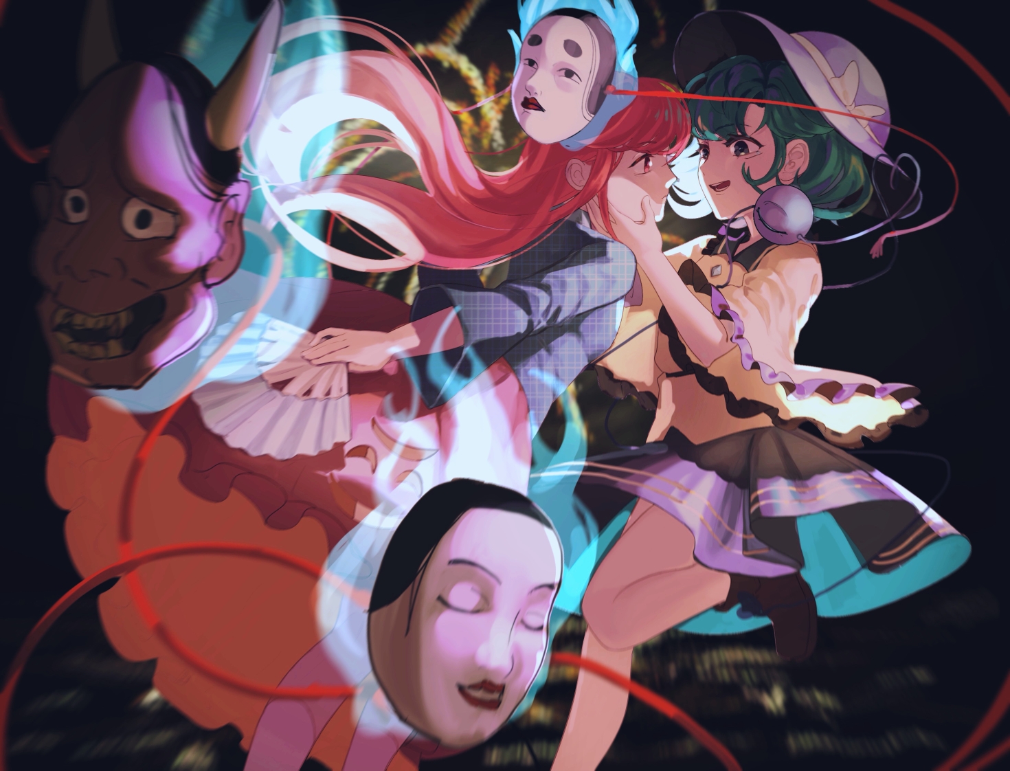 zeroko, hata no kokoro, komeiji koishi, touhou, commentary request, 2girls, black skirt, blue shirt, green eyes, hand fan, hands on another's face, hannya, hat, ko-omote mask, leg up, long hair, mask, multiple girls, noh mask, pink hair, pink skirt, shirt, skirt, smile, white hat, wide sleeves, yellow shirt, yuri