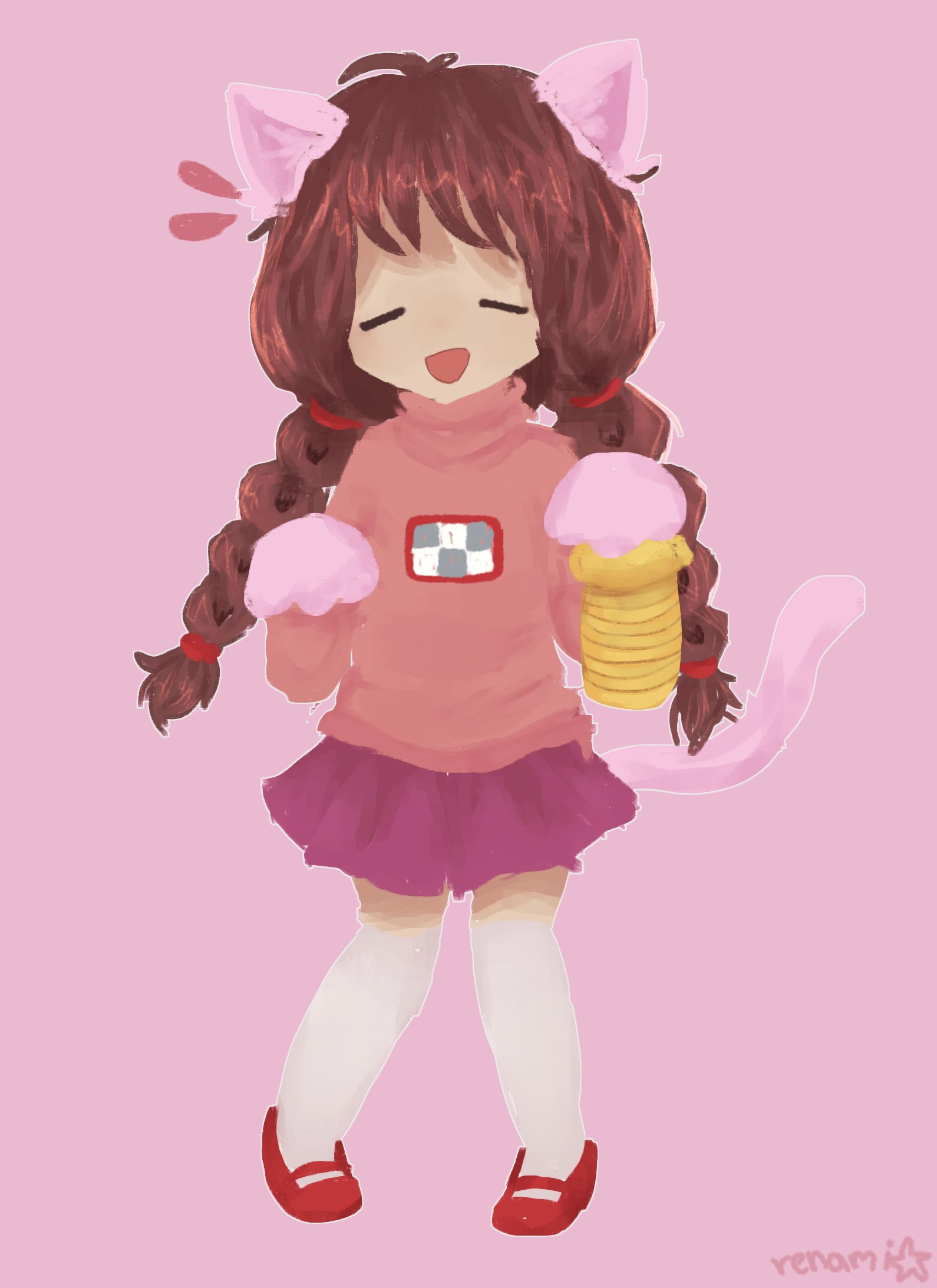 renami, madotsuki, yume nikki, commentary, english commentary, highres, animal ears, animal hands, braid, brown hair, cat ears, cat girl, cat paws, cat tail, closed eyes, mary janes, pink background, shoes, signature, tail, twin braids