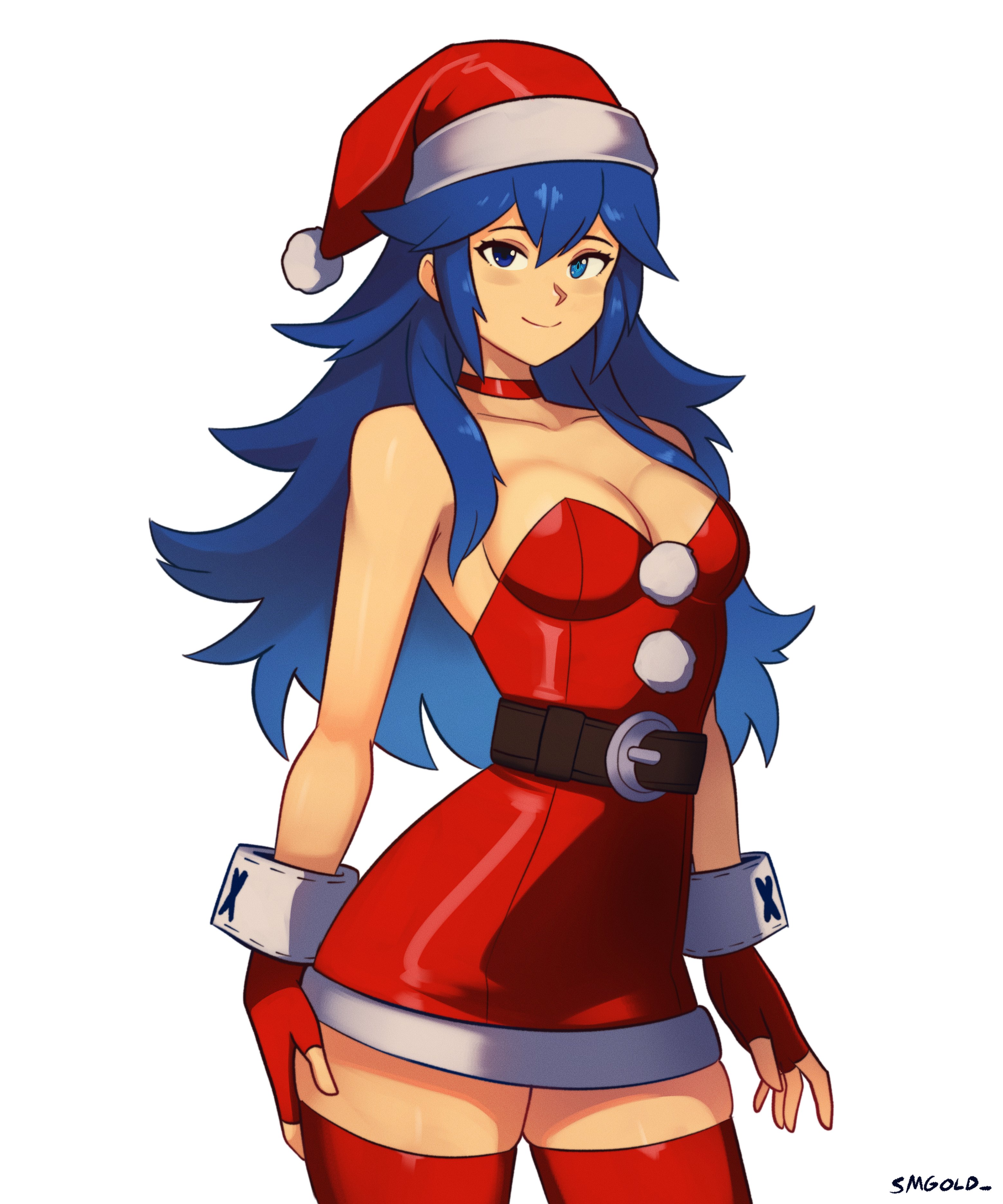 smgold, lucina (fire emblem), fire emblem, fire emblem awakening, nintendo, absurdres, commentary, english commentary, highres, 1girl, belt, blue eyes, blue hair, breasts, choker, cleavage, cowboy shot, dress, fingerless gloves, gloves, hat, long hair, looking at viewer, medium breasts, mismatched pupils, red choker, red dress, red gloves, red hat, red thighhighs, santa costume, santa dress, santa hat, simple background, solo, symbol in eye, thighhighs, very long hair, white background, zettai ryouiki