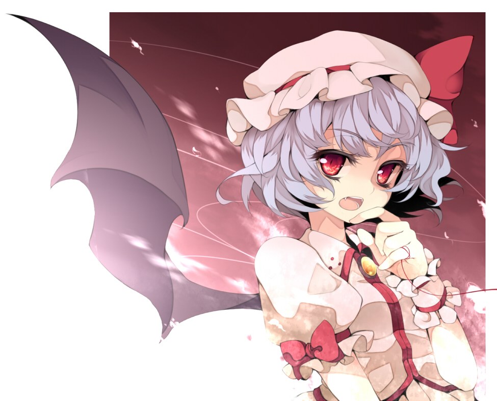 uruu gekka, remilia scarlet, touhou, 1girl, bat (animal), blue hair, fangs, female focus, hat, red eyes, short hair, solo, string, wings