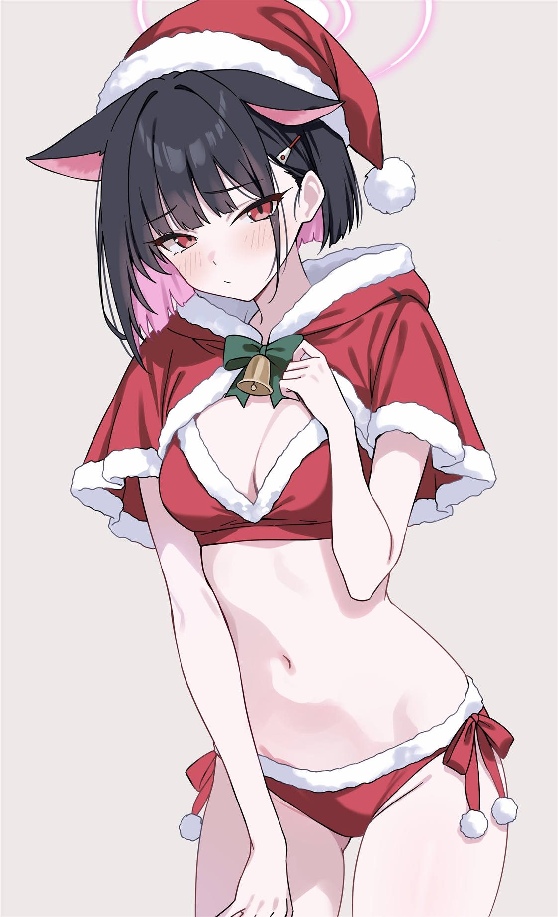 marisasu (marisa0904), kazusa (blue archive), blue archive, commentary request, highres, 1girl, animal ears, bikini, black hair, blush, capelet, cat ears, cat girl, colored inner animal ears, colored inner hair, extra ears, fur-trimmed bikini, fur trim, halo, hat, looking at viewer, multicolored hair, pink hair, pink halo, red bikini, red capelet, red hat, santa bikini, santa costume, santa hat, solo, swimsuit, two-tone hair