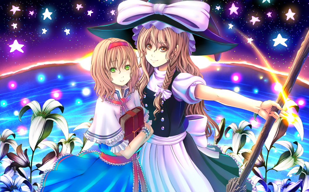 wasabi (payan), alice margatroid, kirisame marisa, touhou, 2girls, blonde hair, book, braid, broom, female focus, green eyes, hairband, hat, long hair, multiple girls, short hair, witch, witch hat, yellow eyes