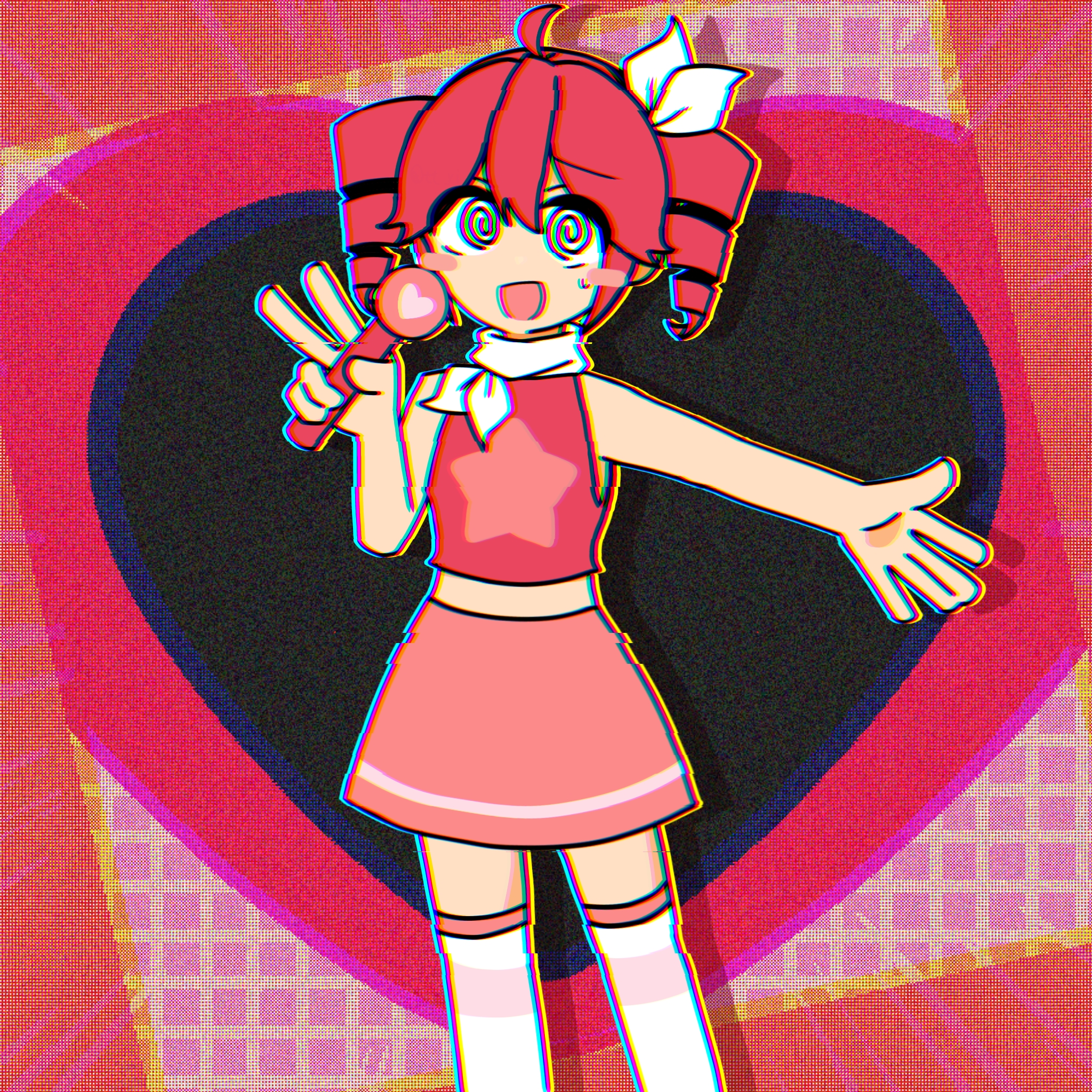 kasane teto, spoken for (synthesizer v), utau, commentary, highres, 1girl, @ @, alternate costume, blush stickers, chromatic aberration, drill hair, drop shadow, feet out of frame, glitch, holding, holding microphone, looking at viewer, microphone, miniskirt, neckerchief, open mouth, outline, pink skirt, red hair, red shirt, shirt, skirt, sleeveless, sleeveless shirt, smile, solo, thighhighs, tsuki no suna (tt ri ut), twin drills, white neckerchief, white outline, white thighhighs