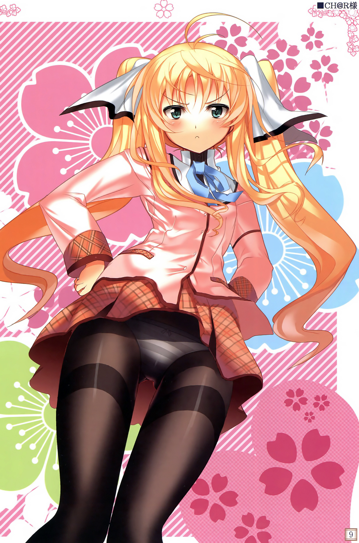 char, lydie de le fehver, sakura tale, highres, 1girl, :<, ahoge, antenna hair, blonde hair, blush, bow, bow panties, female focus, flower, green eyes, hair ribbon, hands on own hips, long hair, panties, panties under pantyhose, pantyhose, pantyshot, pink theme, plaid clothes, plaid skirt, ribbon, school uniform, skirt, solo, striped clothes, striped panties, thighband pantyhose, twintails, underwear, very long hair