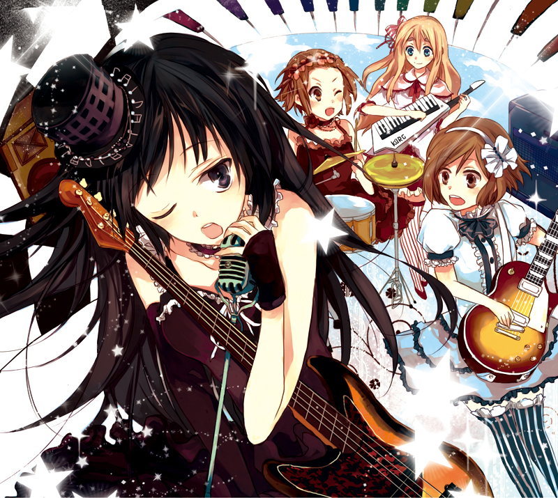 ham (eikasiahhh), akiyama mio, hirasawa yui, kotobuki tsumugi, tainaka ritsu, don't say "lazy", k-on!, striped legwear, vertical-striped legwear, bad id, bad pixiv id, 00s, 4girls, bass guitar, drum, drum set, electric guitar, fingerless gloves, gibson les paul, gloves, guitar, hat, ho-kago tea time, instrument, keyboard, keyboard (instrument), keytar, microphone, microphone stand, mini hat, mini top hat, multiple girls, music, musical note, one eye closed, open mouth, quaver, singing, sparkle, star (symbol), striped clothes, striped thighhighs, thighhighs, top hat, vertical-striped clothes, vertical-striped thighhighs, wink