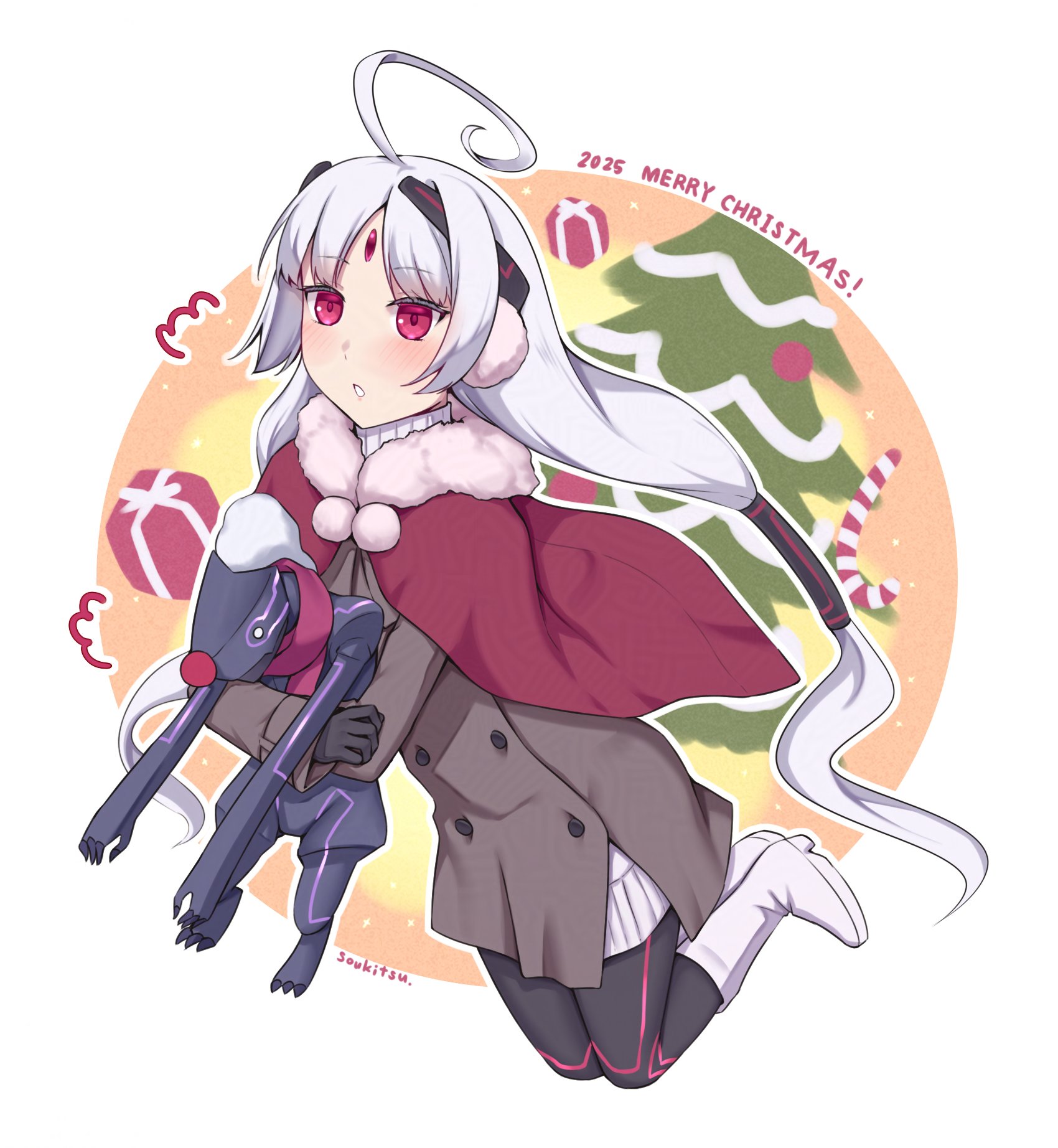 soukitsu, merkava (under night in-birth), vatista (under night in-birth), under night in-birth, adversarial noise, commentary request, highres, 1girl, 2025, :o, ahoge, artist name, black gloves, black pantyhose, blush, boots, border, brown coat, candy, candy cane, capelet, character doll, christmas, christmas present, christmas tree, coat, doll, earmuffs, floating, food, forehead jewel, full body, fur-trimmed capelet, fur trim, gift, gloves, hair tubes, headgear, holding, holding doll, long hair, long sleeves, low twintails, merry christmas, open mouth, orange background, pantyhose, parted bangs, pom pom (clothes), red capelet, red eyes, round border, solo, sweater, sweater under jacket, turtleneck, turtleneck sweater, twintails, very long hair, white boots, white border, white hair, white mouth, white sweater