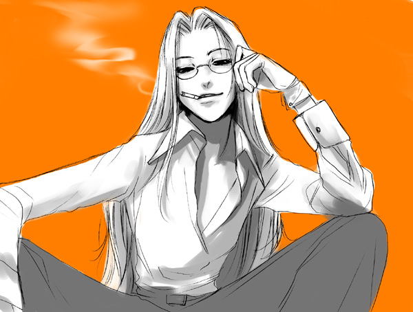 solid&etc, integra hellsing, hellsing, gender request, androgynous, cigarette, glasses, gloves, long hair, monochrome, open clothes, open shirt, reverse trap, shirt, smile, smoking, solo, spread legs, squatting, unbuttoned