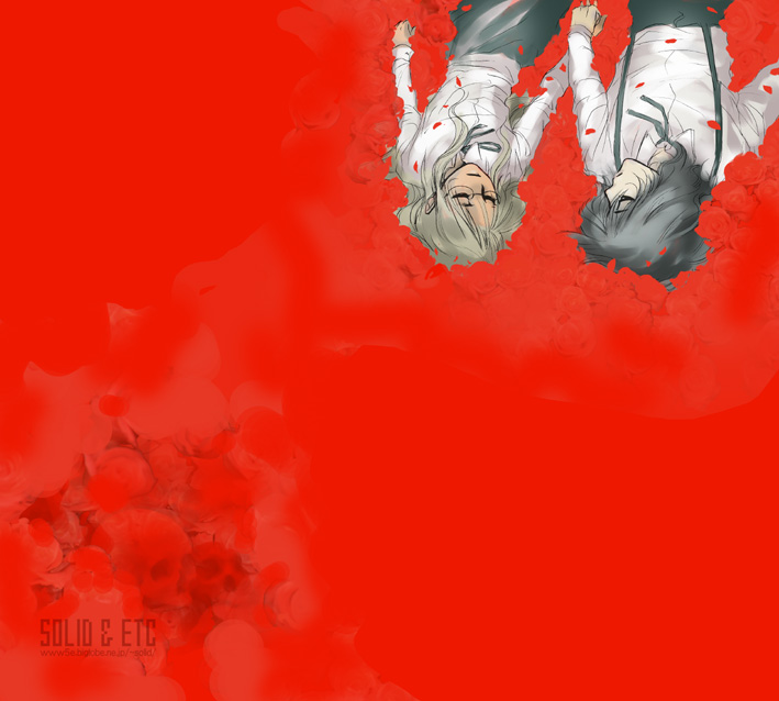 solid&etc, alucard (hellsing), integra hellsing, hellsing, 1boy, 1girl, androgynous, black hair, blonde hair, couple, flower, glasses, grey hair, hetero, holding hands, long hair, reverse trap, skull