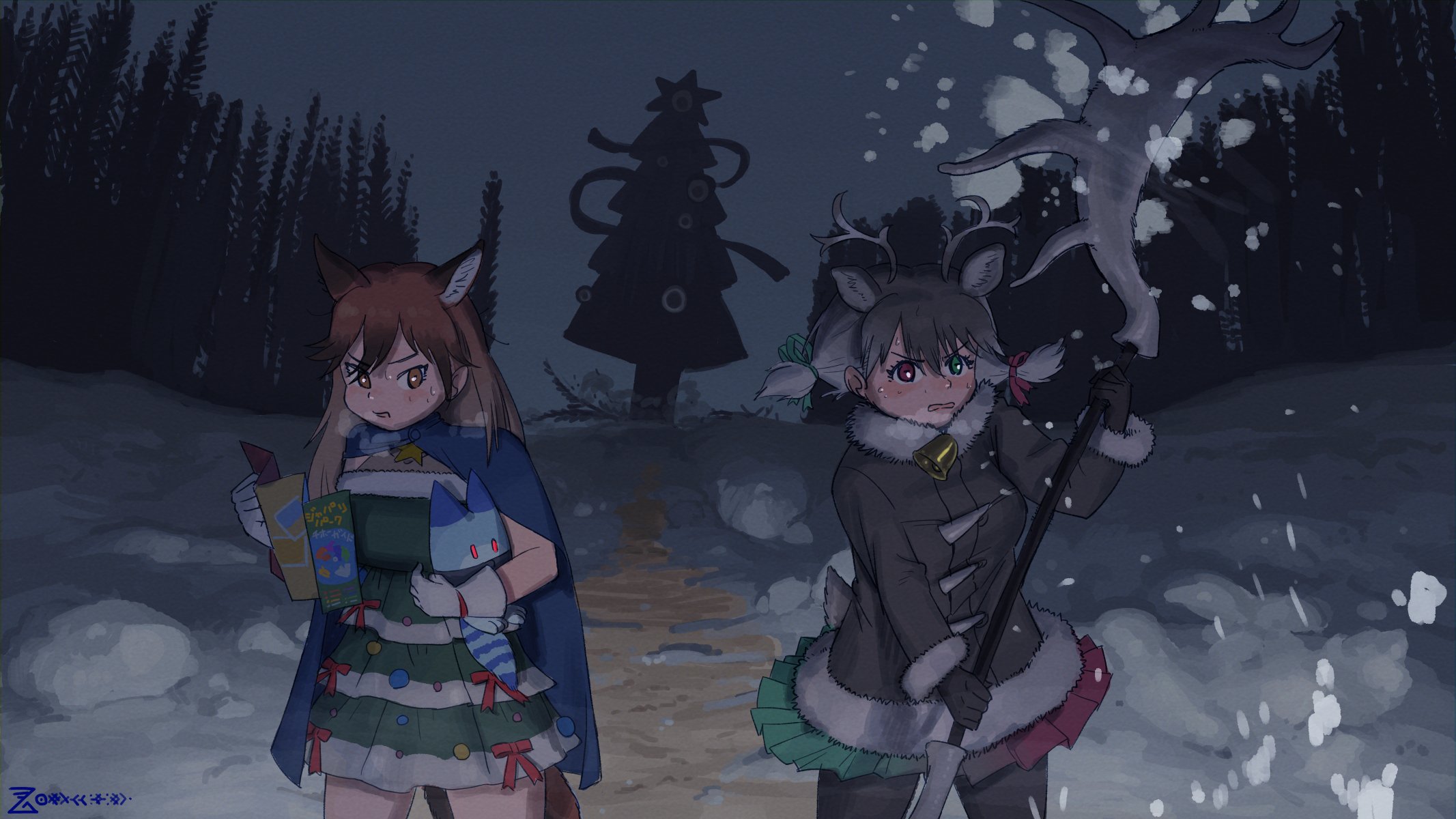 imnim leef, lucky beast (kemono friends), red fox (kemono friends), reindeer (kemono friends), kemono friends, commentary, highres, symbol-only commentary, 2girls, animal ears, antlers, bell, blue cape, brown coat, brown gloves, brown hair, brown pantyhose, cape, christmas, christmas tree, coat, deer ears, deer tail, dress, extra ears, fox ears, fox girl, fox tail, fur collar, fur trim, gloves, gradient clothes, gradient skirt, green dress, green eyes, green skirt, grey hair, heterochromia, horns, long hair, long sleeves, map, multicolored hair, multiple girls, neck bell, official alternate costume, orange eyes, orange hair, pantyhose, pleated skirt, red eyes, red hair, red skirt, reindeer antlers, reindeer girl, skirt, sleeveless, snow, sweatdrop, tail, twintails, weapon, white fur, white gloves, winter clothes, winter coat