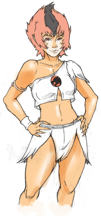 wilykit, thundercats, 1980s (style), hands on own hips, midriff, miniskirt, multicolored hair, red eyes, retro artstyle, skirt