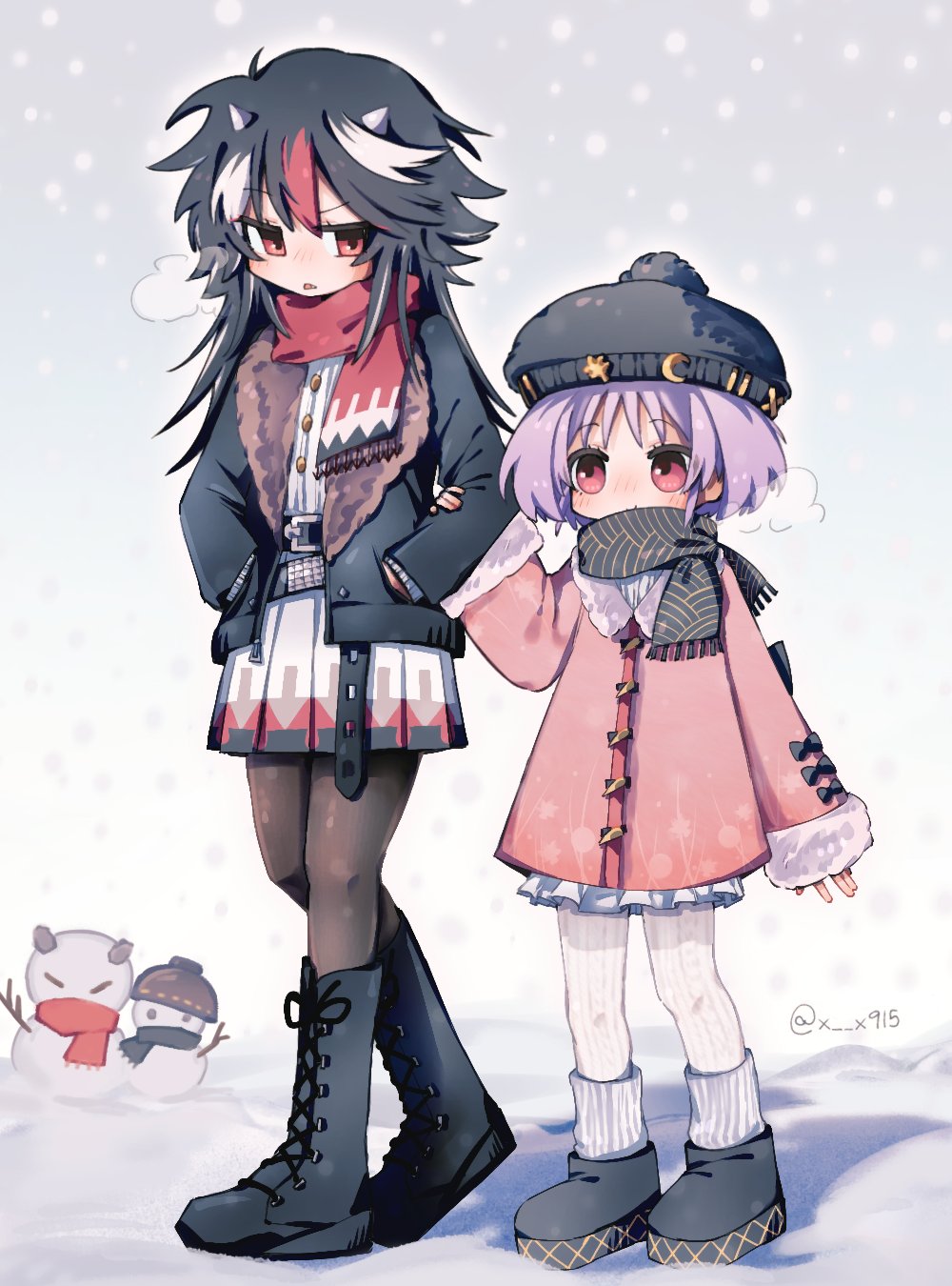 kiwi (x x915), kijin seija, sukuna shinmyoumaru, touhou, character snowman, commentary request, highres, 2girls, alternate costume, alternate hairstyle, arrow print, beanie, belt, black belt, black boots, black hair, black hat, black jacket, black pantyhose, black scarf, blush, boots, coat, fang, full body, fur-trimmed coat, fur-trimmed jacket, fur trim, hand on another's arm, hands in pockets, hat, height difference, horns, jacket, long hair, long sleeves, looking at another, multicolored hair, multiple belts, multiple girls, open mouth, outdoors, pantyhose, pink coat, pleated skirt, pom pom (clothes), pom pom beanie, print scarf, print skirt, puff of air, purple hair, red eyes, red scarf, red streaks, scarf, shirt, short hair, skirt, small horns, smile, snow, snowman, streaked hair, twitter username, white horns, white pantyhose, white shirt, white skirt, white streaks, winter