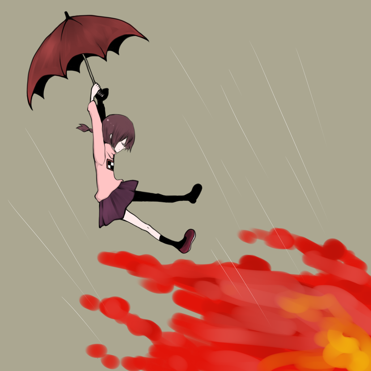 recto, madotsuki, yume nikki, highres, 1girl, female focus, fire, pink shirt, purple skirt, rain, shirt, skirt, solo, umbrella, umbrella riding