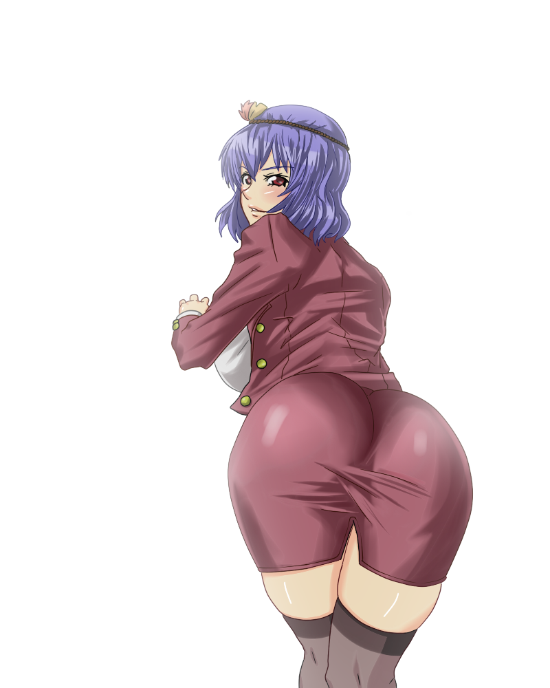 shinku p, yasaka kanako, touhou, bad id, bad pixiv id, 1girl, alternate costume, ass, bent over, black thighhighs, blush, contemporary, female focus, hip focus, looking back, miniskirt, purple hair, red eyes, short hair, skirt, solo, thighhighs, wide hips
