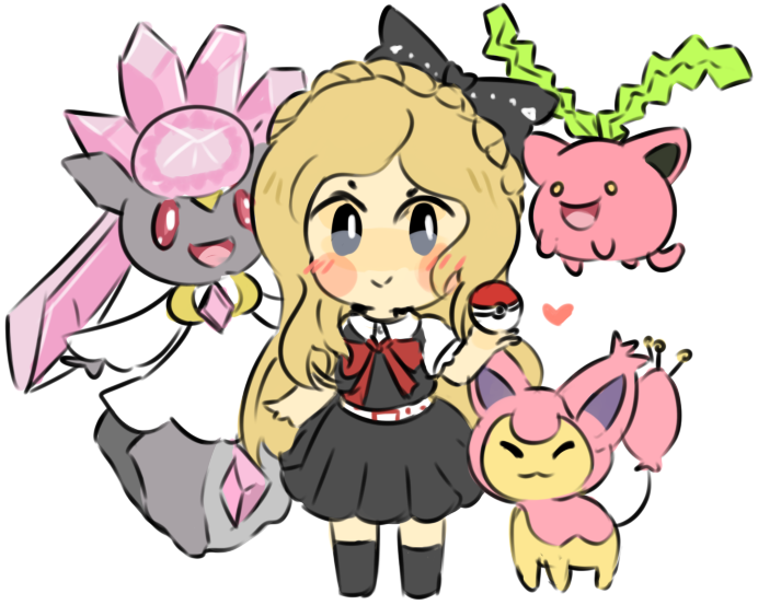 shiny-jolteons, diancie, hoppip, skitty, sonia nevermind, danganronpa (series), danganronpa 2: goodbye despair, nintendo, pokemon, commentary, english commentary, 1girl, blush, bow, bowtie, gen 2 pokemon, gen 3 pokemon, gen 6 pokemon, hair bow, heart, holding, holding poke ball, legendary pokemon, mythical pokemon, poke ball, pokemon (creature), pokemon team, white background