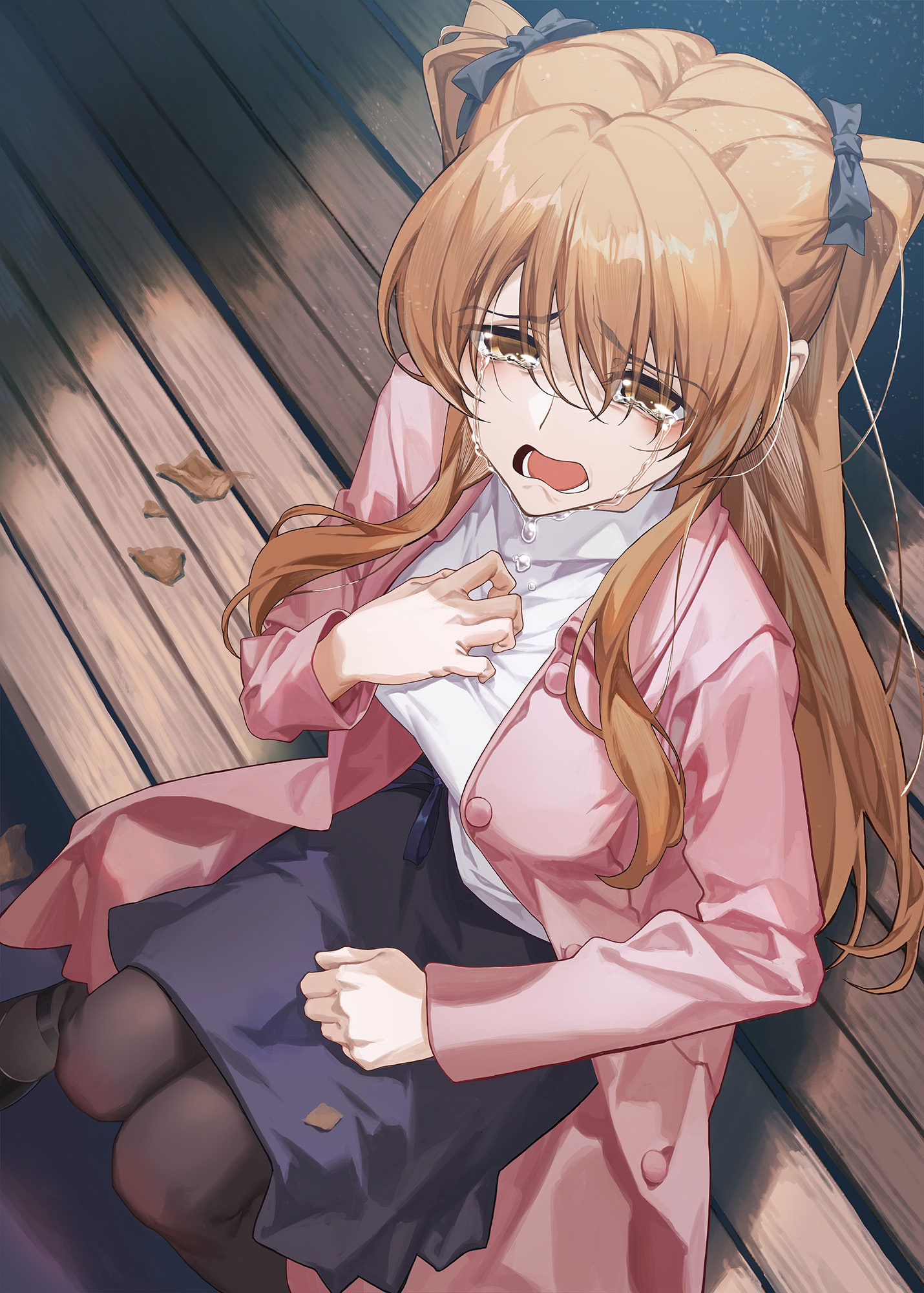 cheese kang, ogiso setsuna, white album (series), white album 2, hashtag-only commentary, highres, 1girl, autumn leaves, black ribbon, brown eyes, brown hair, clutching chest, coat, crying, crying with eyes open, from above, furrowed brow, hair ribbon, leaf, long hair, long sleeves, looking at viewer, on bench, pantyhose, pink coat, ribbon, sidelocks, solo, sweater, teardrop, tears, two side up, white sweater