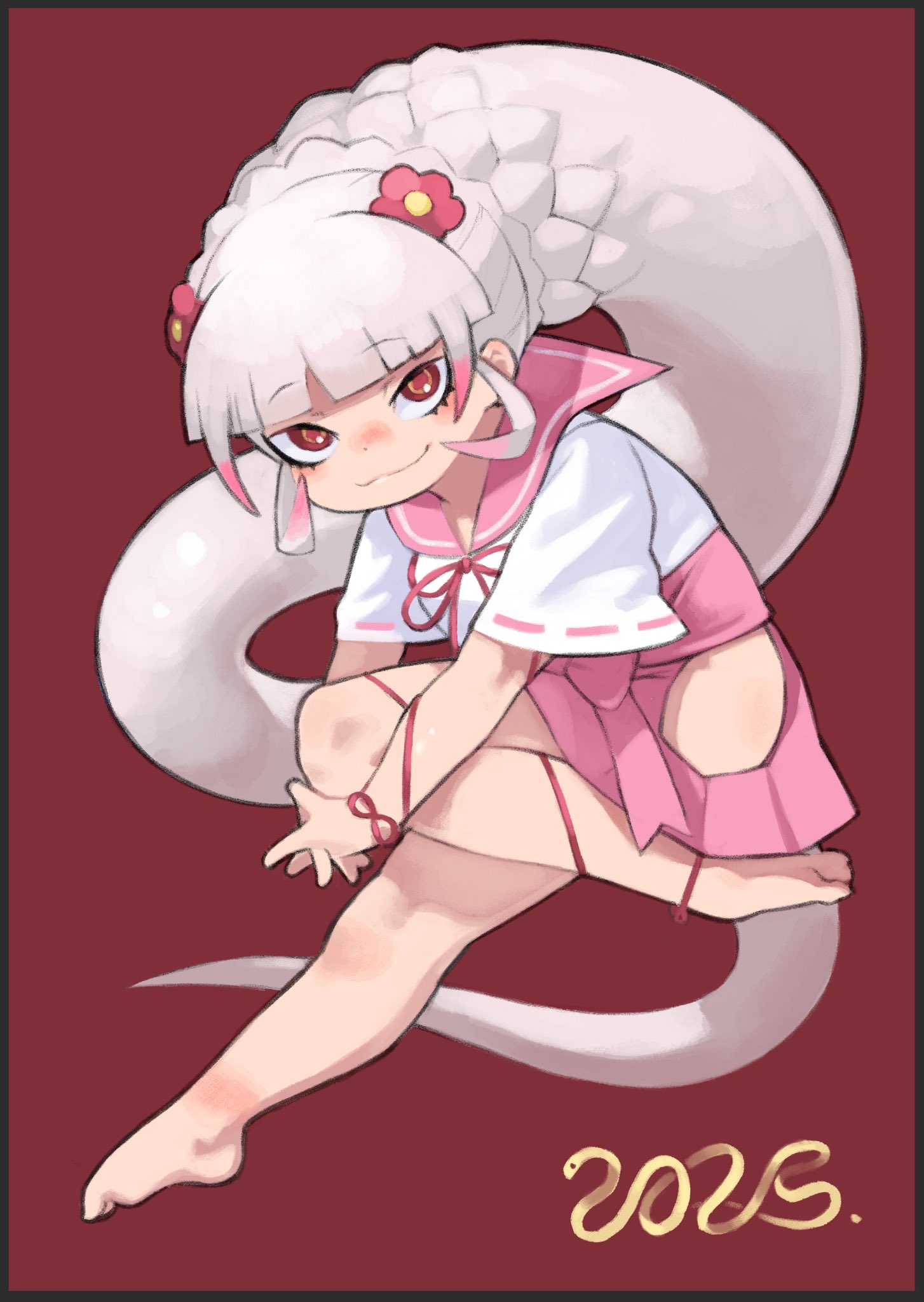 rinx, byakuda (kemono friends), kemono friends, commentary request, highres, 1girl, 2025, :3, bare legs, barefoot, blunt bangs, blush, bow, bowtie, chinese zodiac, clothing cutout, flower, hair flower, hair ornament, leg ribbon, long hair, looking at viewer, pink skirt, pleated skirt, red bow, red bowtie, red eyes, ribbon, sailor collar, school uniform, serafuku, shirt, short sleeves, sidelocks, skirt, smile, snake girl, snake tail, solo, t-shirt, tail, thigh cutout, white hair, white shirt, year of the snake