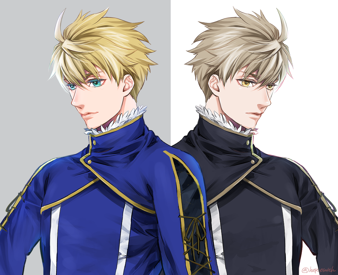 yococco, arthur pendragon (fate), arthur pendragon alter (fate), fate/prototype, fate (series), commentary request, 2boys, ahoge, aqua eyes, artist name, black shirt, blonde hair, blue shirt, brown hair, brown ribbon, buttons, closed mouth, dual persona, fur-trimmed shirt, fur trim, grey background, hair between eyes, lips, long sleeves, looking to the side, male focus, multiple boys, ribbon, shirt, short hair, simple background, smile, two-tone background, upper body, white background, yellow eyes