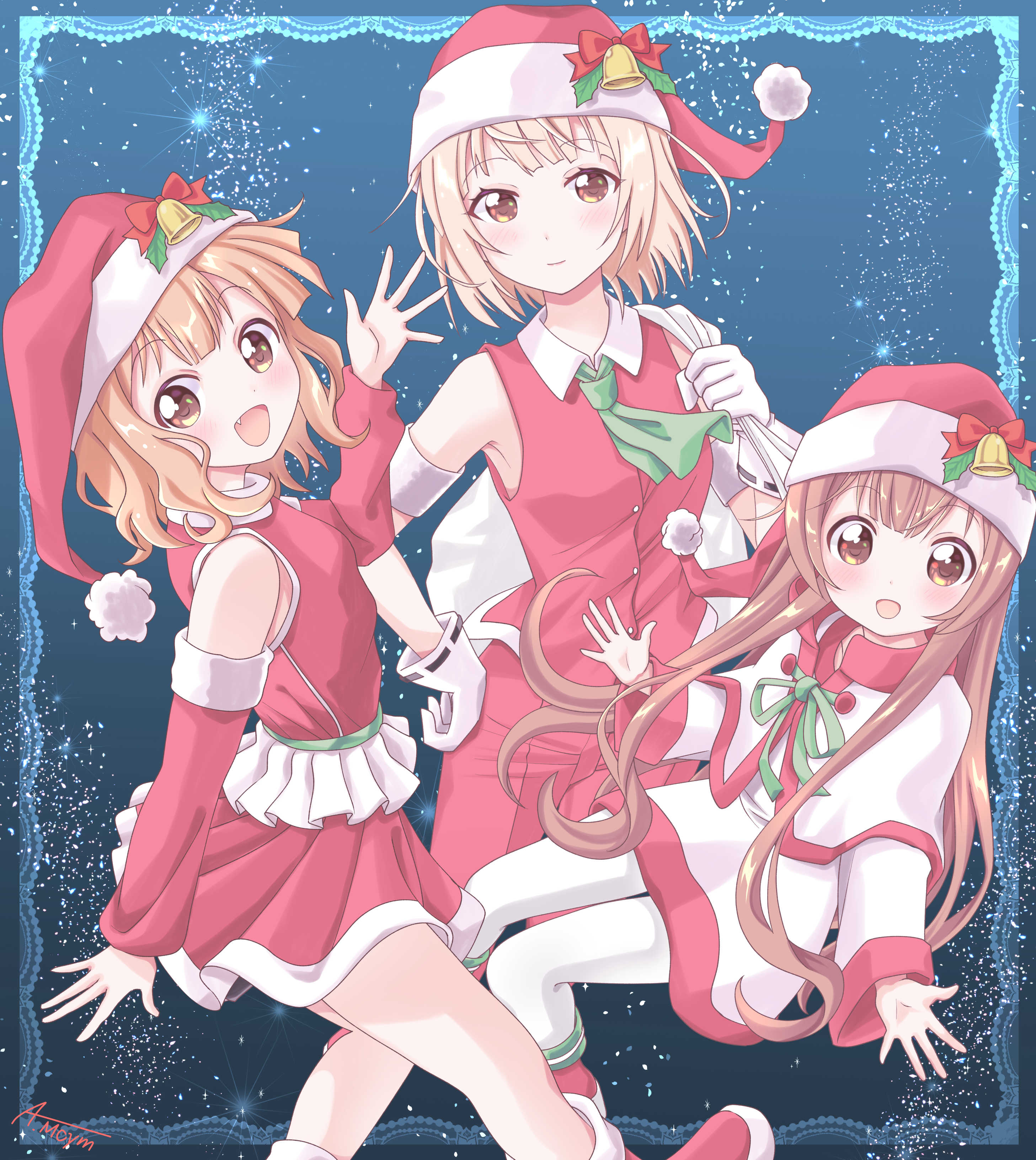 machiyama akane, oomuro hanako, oomuro nadeshiko, oomuro sakurako, oomuro-ke, yuruyuri, absurdres, commentary request, highres, 3girls, :d, alternate costume, bare shoulders, bell, blonde hair, blue background, boots, bow, breasts, brown hair, capelet, christmas, collared shirt, contrast collar, detached sleeves, dress, fang, gloves, green neckerchief, hat, holding, holding sack, leaf, legs, light smile, long hair, looking at viewer, multicolored eyes, multiple girls, neckerchief, open hands, open mouth, pants, pantyhose, pleated dress, red boots, red bow, red dress, red hat, red pants, red shirt, red sleeves, red trim, sack, santa costume, santa dress, santa hat, shirt, short hair, siblings, signature, simple background, sisters, sleeveless, sleeveless shirt, small breasts, smile, snow, tareme, waving, white capelet, white dress, white gloves, white pantyhose