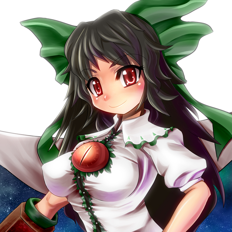 umigarasu (kitsune1963), reiuji utsuho, touhou, 1girl, black hair, blush, bow, breasts, female focus, hair bow, long hair, red eyes, simple background, solo, white background