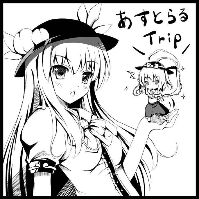 tomusooya, hinanawi tenshi, nagae iku, saturday night fever, touhou, translated, 2girls, :o, black border, border, circle cut, female focus, greyscale, hand on own hip, hat, mini person, minigirl, monochrome, multiple girls