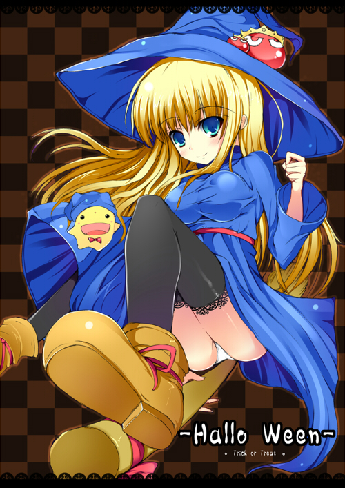 shikano sumiaki, witch (puyopuyo), madou monogatari, original, puyopuyo, 1girl, brown background, checkered background, female focus, halloween, hat, panties, pantyshot, solo, thighhighs, trick or treat, underwear, witch hat