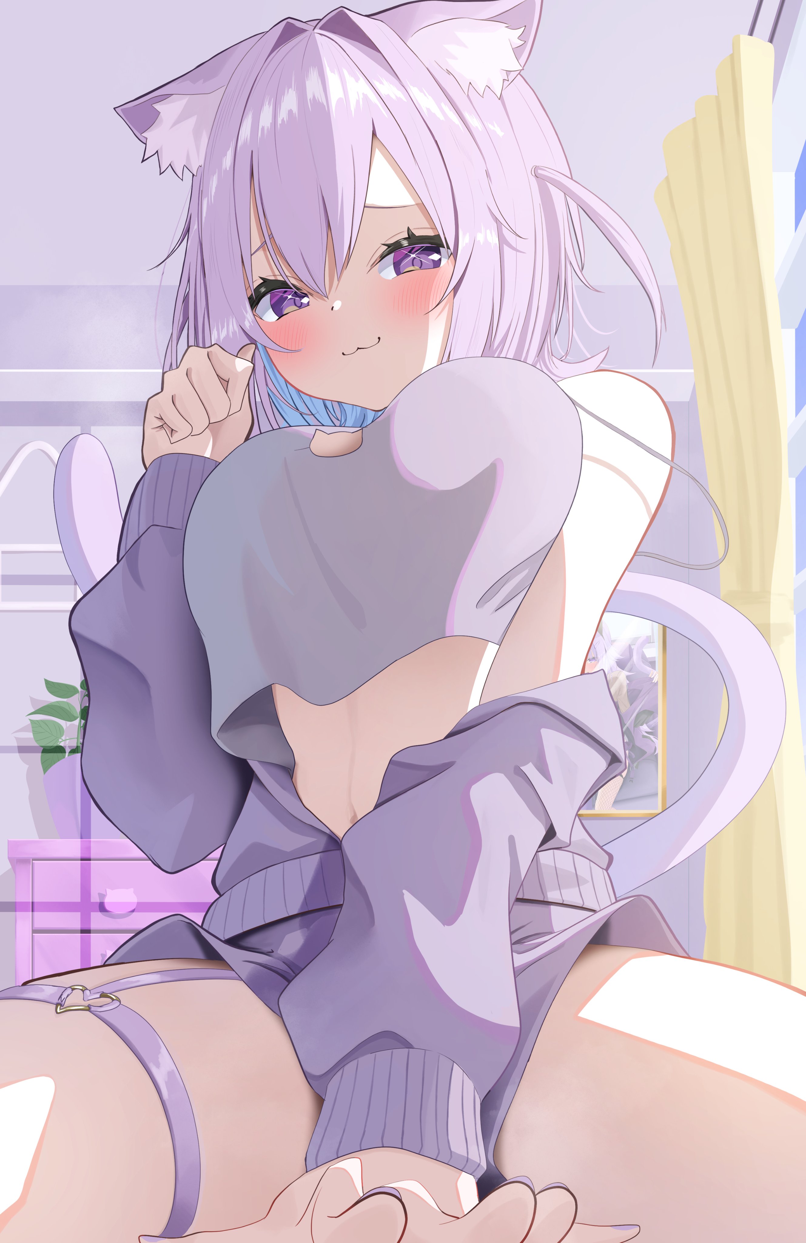 visitofsiki, nekomata okayu, nekomata okayu (membership), hololive, absurdres, commentary request, highres, 1girl, :3, animal ear fluff, animal ears, bedroom, between legs, blush, breasts, camisole, cat ears, cat girl, cat tail, fingernails, hand between legs, jacket, large breasts, looking at viewer, nail polish, official alternate costume, purple eyes, purple hair, purple jacket, purple nails, solo, stomach, tail, thigh strap, virtual youtuber