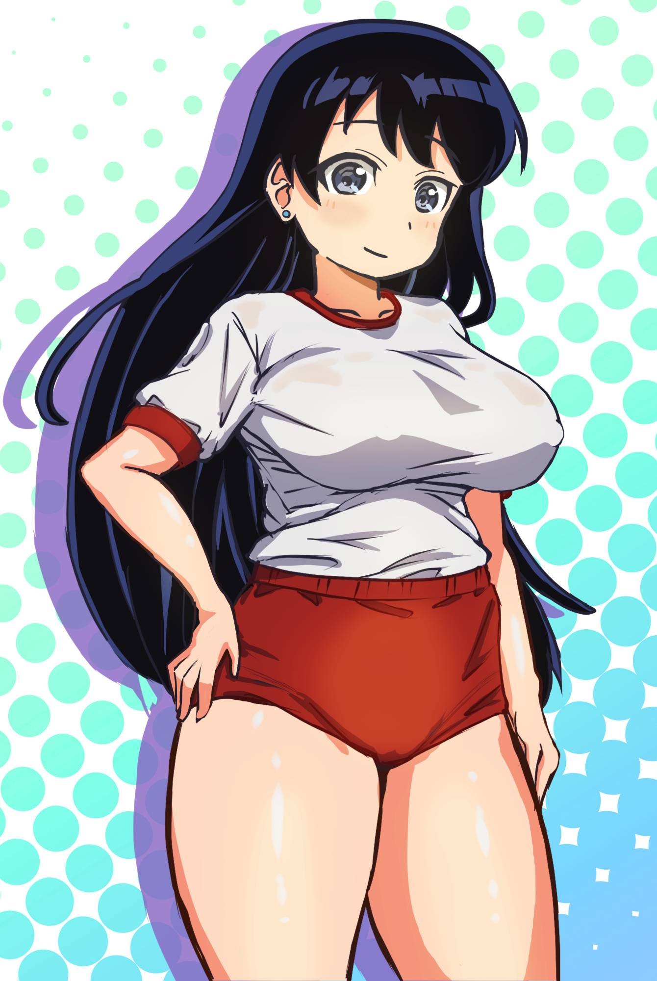 seiei (setuna8801), arato nagi, ruri no houseki, commentary request, highres, 1girl, black hair, blush, breasts, buruma, collarbone, earrings, gym shirt, gym uniform, hand on own hip, jewelry, large breasts, long hair, looking at viewer, patterned background, purple eyes, red buruma, shirt, shirt tucked in, short sleeves, sidelocks, smile, solo, standing, stud earrings, thighs, very long hair, white shirt