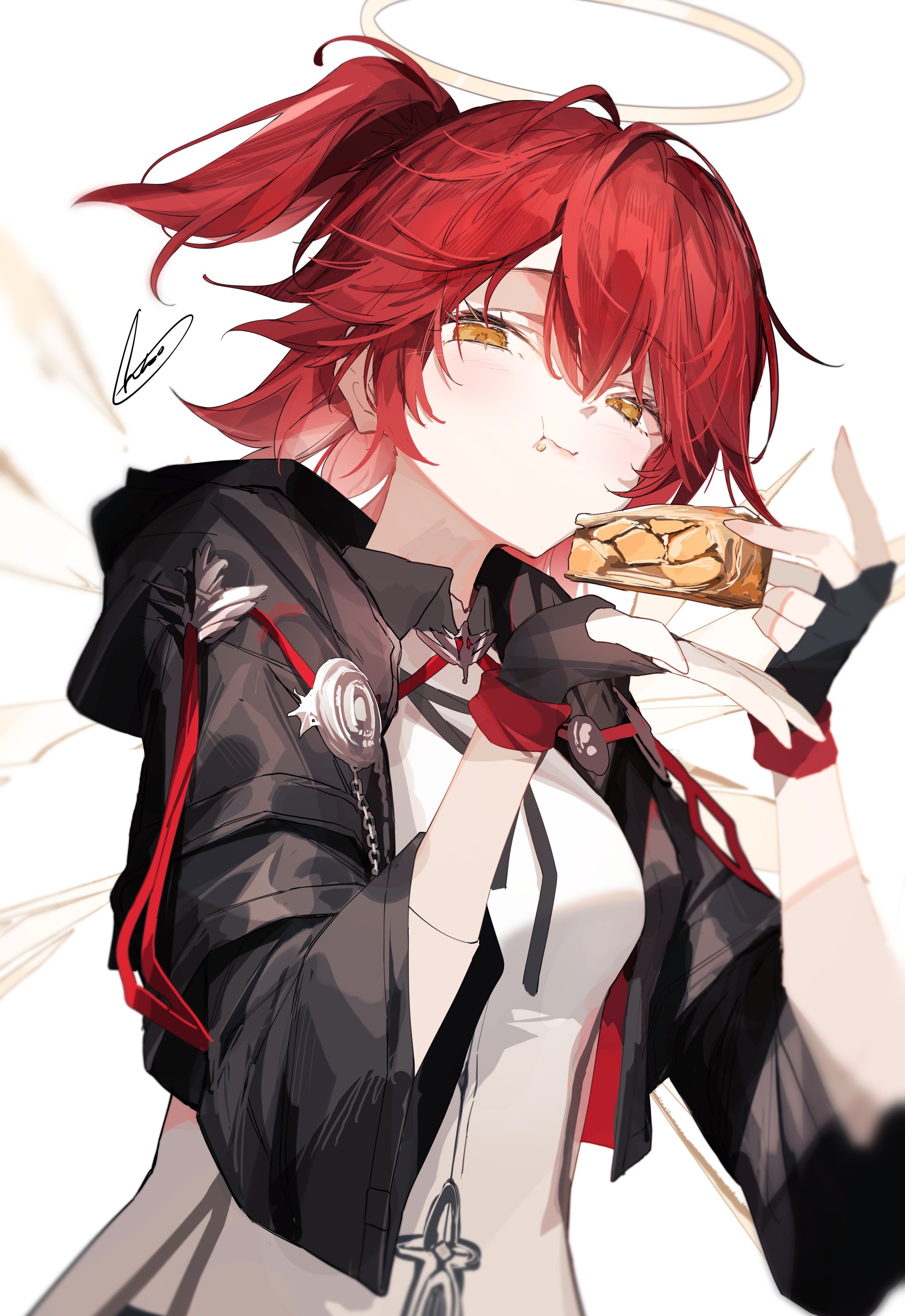 ankoro mochi, exusiai (arknights), exusiai the new covenant (arknights), arknights, absurdres, commentary, highres, symbol-only commentary, 1girl, black gloves, black jacket, chewing, detached wings, eating, fingerless gloves, food, gloves, grey halo, hair between eyes, halo, holding, holding food, jacket, looking at viewer, one side up, pie, pie slice, red hair, shirt, short hair, signature, simple background, solo, traditional halo, upper body, white background, white shirt, wings, yellow eyes