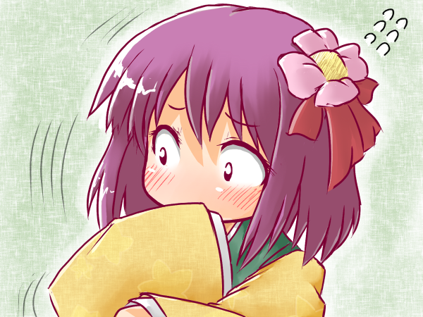 [], hieda no akyuu, touhou, 1girl, blush, chibi, covering own mouth, female focus, flower, flying sweatdrops, hair flower, hair ornament, purple hair, scared, short hair, solo, sweatdrop, trembling