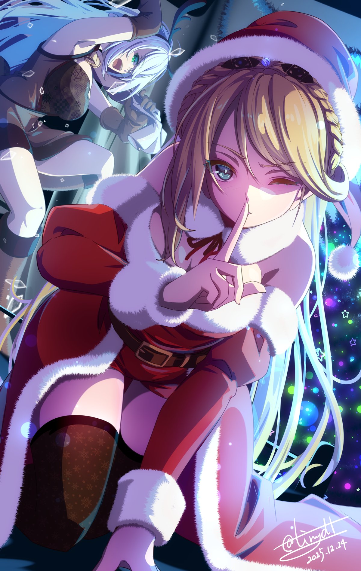 tinybiard, elaine auclair, shizuna rem misurugi, eiyuu densetsu, kuro no kiseki, kuro no kiseki (series), kuro no kiseki i, kuro no kiseki ii, commentary request, highres, 2girls, animal costume, antlers, artist name, blonde hair, blue eyes, braid, christmas tree, closed mouth, crown braid, dress, green eyes, hat, horns, legs, looking at viewer, merry christmas, multiple girls, one eye closed, reindeer antlers, reindeer costume, santa costume, santa dress, santa hat, white hair