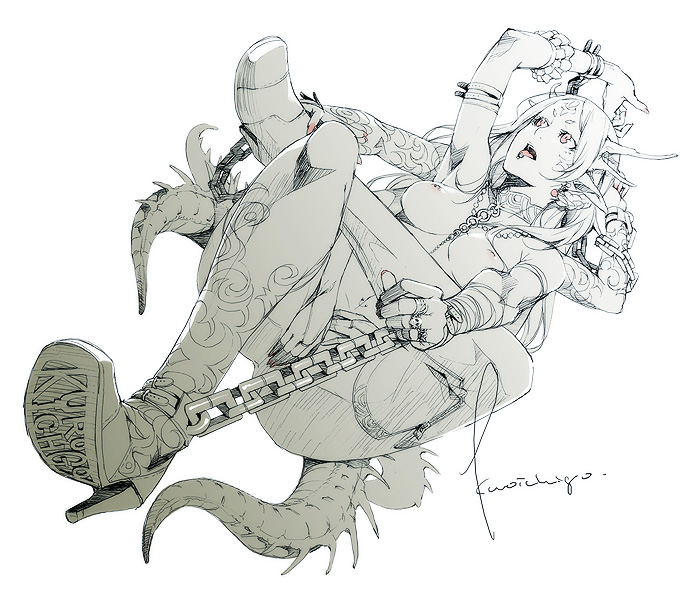 kyo (kuroichigo), original, 1girl, boots, braid, breasts, chain, demon, demon girl, dutch angle, earrings, facial mark, fantasy, female focus, from below, full body, horns, jewelry, large breasts, monochrome, necklace, nipples, piercing, pink eyes, pointy ears, ring, simple background, sitting, solo, spot color, tail, tattoo, thigh boots, thighhighs, tongue, tongue piercing, topless female, white background, zipper