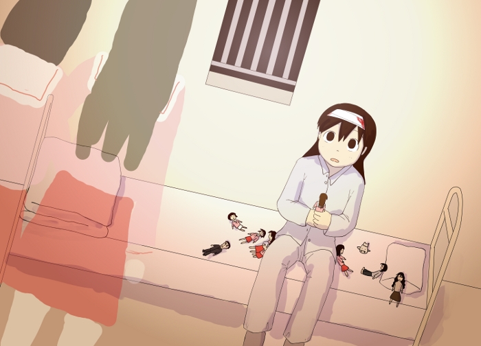 ues, kasuga ayumu, mizuhara koyomi, takino tomo, azumanga daiou, bad id, bad pixiv id, 1girl, bandages, bed, blood, character doll, crazy, doll, dutch angle, female focus, hallucination, hospital bed, imagining, injury, solo