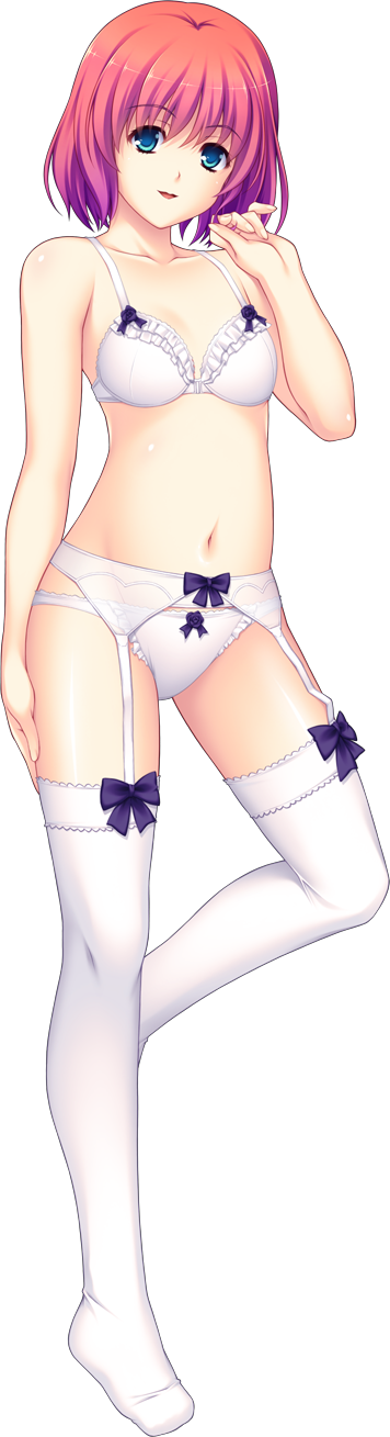 tsukumo kazuita, nerawareta megami tenshi angel tear, game cg, highres, large variant set, non-web source, official art, variant set, 1girl, blue eyes, bow, bow bra, bow panties, bra, breasts, collarbone, frilled bra, frills, full body, garter belt, leg up, looking at viewer, maya (angel tear), navel, open mouth, panties, pink hair, purple bow, red hair, short hair, small breasts, smile, solo, standing, standing on one leg, tachi-e, thighhighs, transparent background, underwear, underwear only, white bra, white panties, white thighhighs