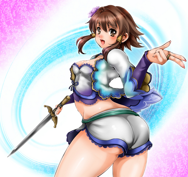1041 (toshikazu), chai xianghua, soul calibur, soulcalibur iv, resized, ass, brown eyes, brown hair, flower, hair flower, hair ornament, huge ass, pin, pixiv thumbnail, short hair, short shorts, shorts, solo, sword, weapon