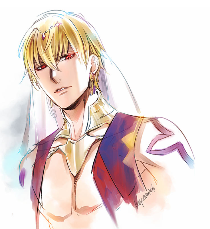 yococco, gilgamesh, gilgamesh (caster) (fate), gilgamesh (fate), fate/grand order, fate (series), 1boy, artist name, bare shoulders, blonde hair, circlet, earrings, gem, gold earrings, hair between eyes, jewelry, lips, looking at viewer, male focus, muscular, muscular male, open clothes, open vest, pectorals, purple gem, red eyes, red vest, short hair, shoulder tattoo, simple background, solo, tattoo, teeth, upper body, veil, vest, white background, white veil