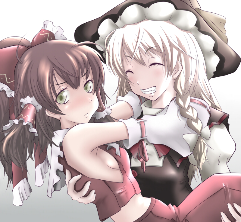 ao usagi, hakurei reimu, kirisame marisa, touhou, 2girls, blonde hair, blush, bow, braid, breasts, brown hair, carrying, detached sleeves, female focus, grin, hair bow, hat, japanese clothes, miko, multiple girls, princess carry, sideboob, smile, witch, witch hat, yuri