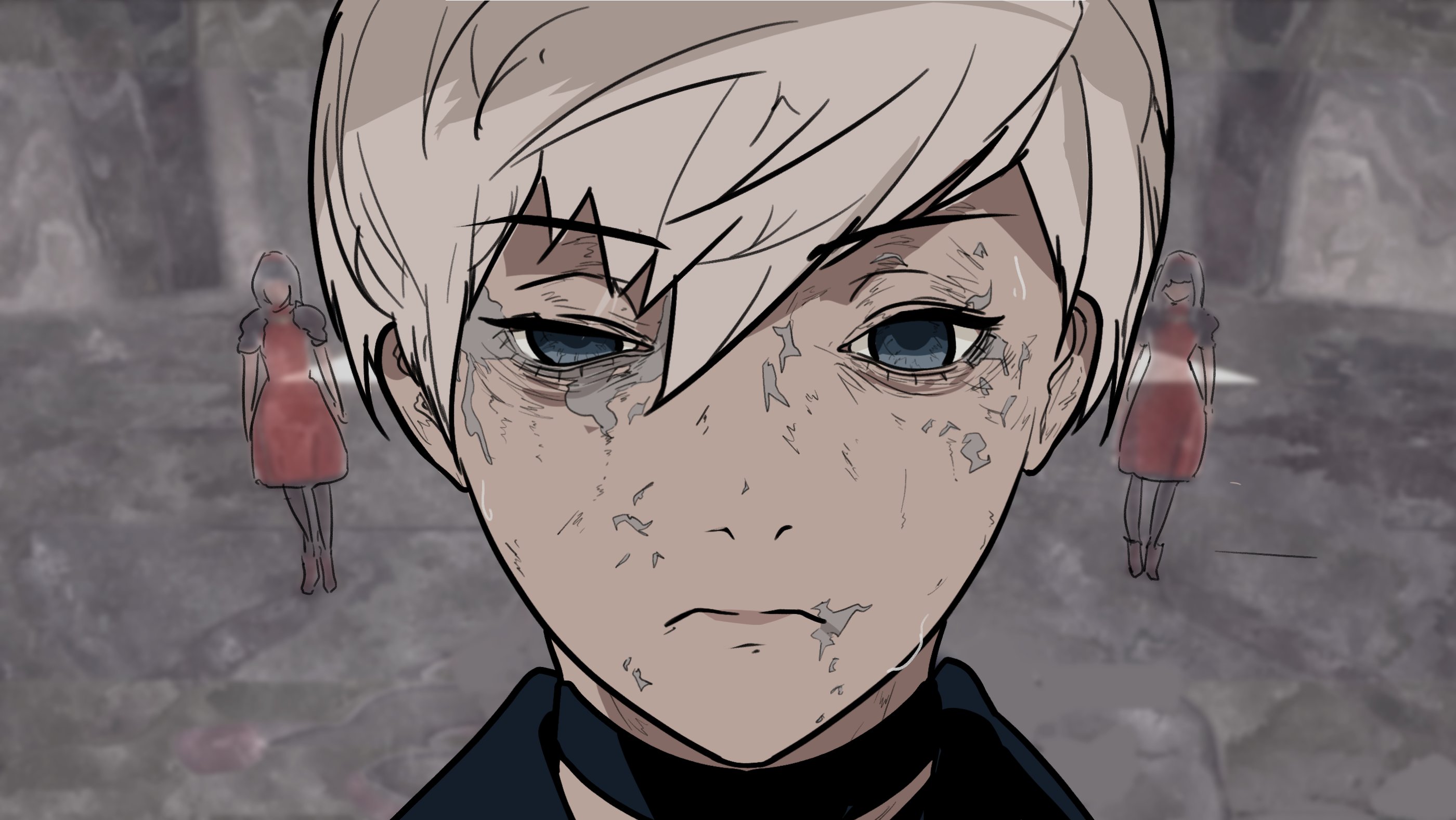 jetstream012, 9s (nier:automata), red girl (nier), nier:automata, nier (series), highres, 1boy, 2girls, blue eyes, blurry, blurry background, close-up, closed mouth, frown, hair between eyes, looking at viewer, male focus, multiple girls, portrait, short hair, solo focus, tears, white hair