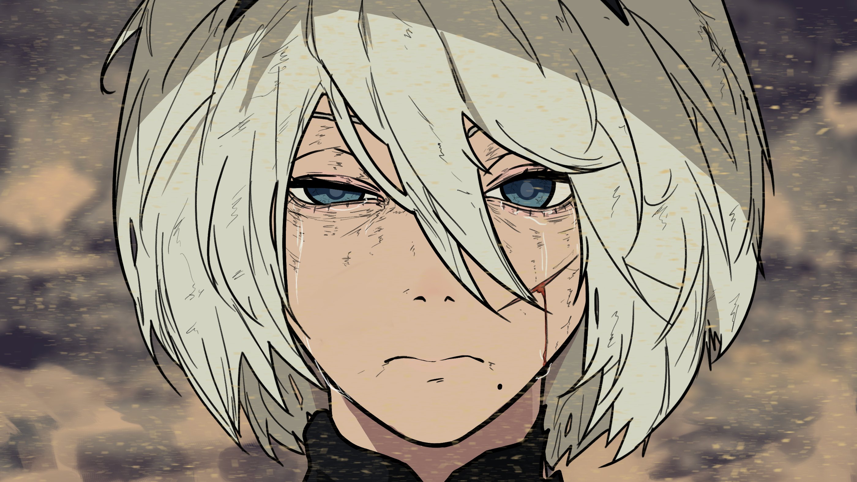 jetstream012, 2b (nier:automata), nier:automata, nier (series), highres, 1girl, bleeding, blood, blood on face, blue eyes, close-up, closed mouth, crying, crying with eyes open, cuts, frown, hair between eyes, injury, looking at viewer, mole, mole under mouth, portrait, sandstorm, short hair, solo, tears, white hair