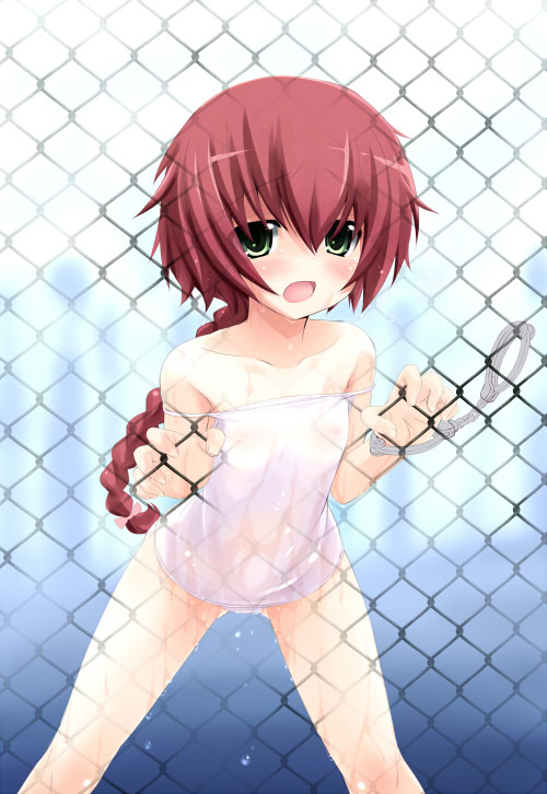 shiwo, suou pavlichenko, darker than black, 00s, 1girl, against fence, bare shoulders, blush, bottomless, braid, camisole, chain-link fence, collarbone, cuffs, double strap slip, female focus, fence, flat chest, green eyes, handcuffs, loli, looking at viewer, nipples, off shoulder, one-piece swimsuit, open mouth, ponytail, red hair, school swimsuit, see-through clothes, single braid, solo, strap slip, swimsuit, wet, wet clothes, white one-piece swimsuit, white school swimsuit