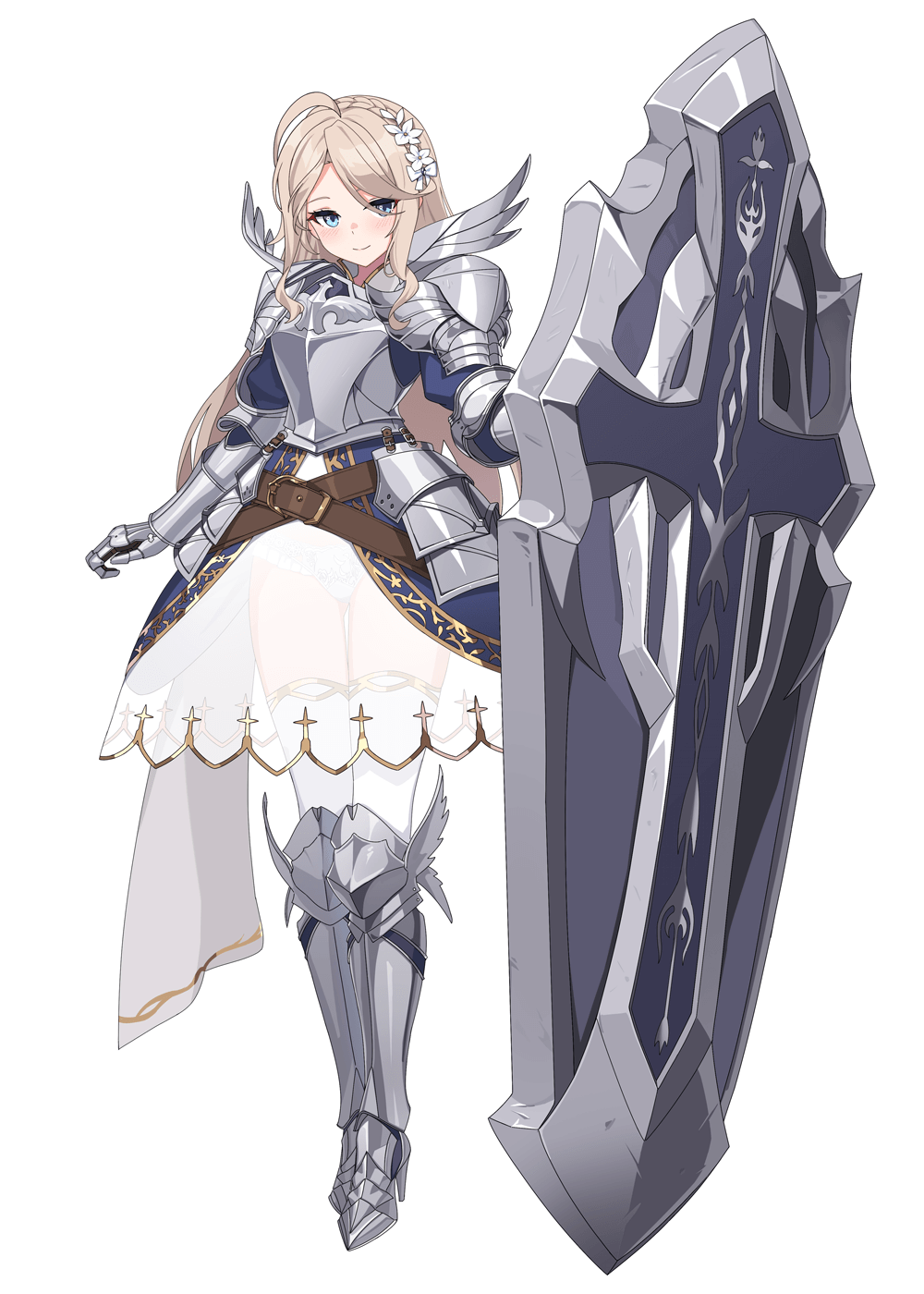 lost sword: tales of britania, game cg, highres, official art, third-party source, 1girl, arm at side, armor, blue eyes, breastplate, brown hair, curly sidelocks, emblem, eyebrows hidden by hair, flower, galahad (lost sword), gauntlets, gold trim, greaves, grey armor, hair flower, hair ornament, hair ribbon, hip armor, holding, holding shield, light smile, long hair, long sleeves, ornamental wings, panties, parted bangs, plate armor, ribbon, scratches, see-through clothes, see-through skirt, shield, shoulder armor, skirt, solo, standing, swept bangs, thighhighs, underwear, white flower, white panties, white ribbon, white skirt, white thighhighs, wings