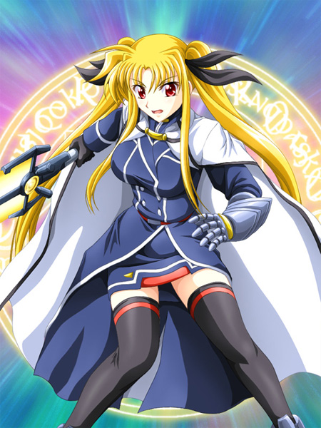 majin go!, bardiche (nanoha), bardiche (zanber form) (nanoha), fate testarossa, fate testarossa (impulse form), lyrical nanoha, mahou shoujo lyrical nanoha, mahou shoujo lyrical nanoha strikers, 00s, 1girl, blonde hair, breasts, female focus, gloves, long hair, magic circle, red eyes, solo, thighhighs, twintails, zettai ryouiki