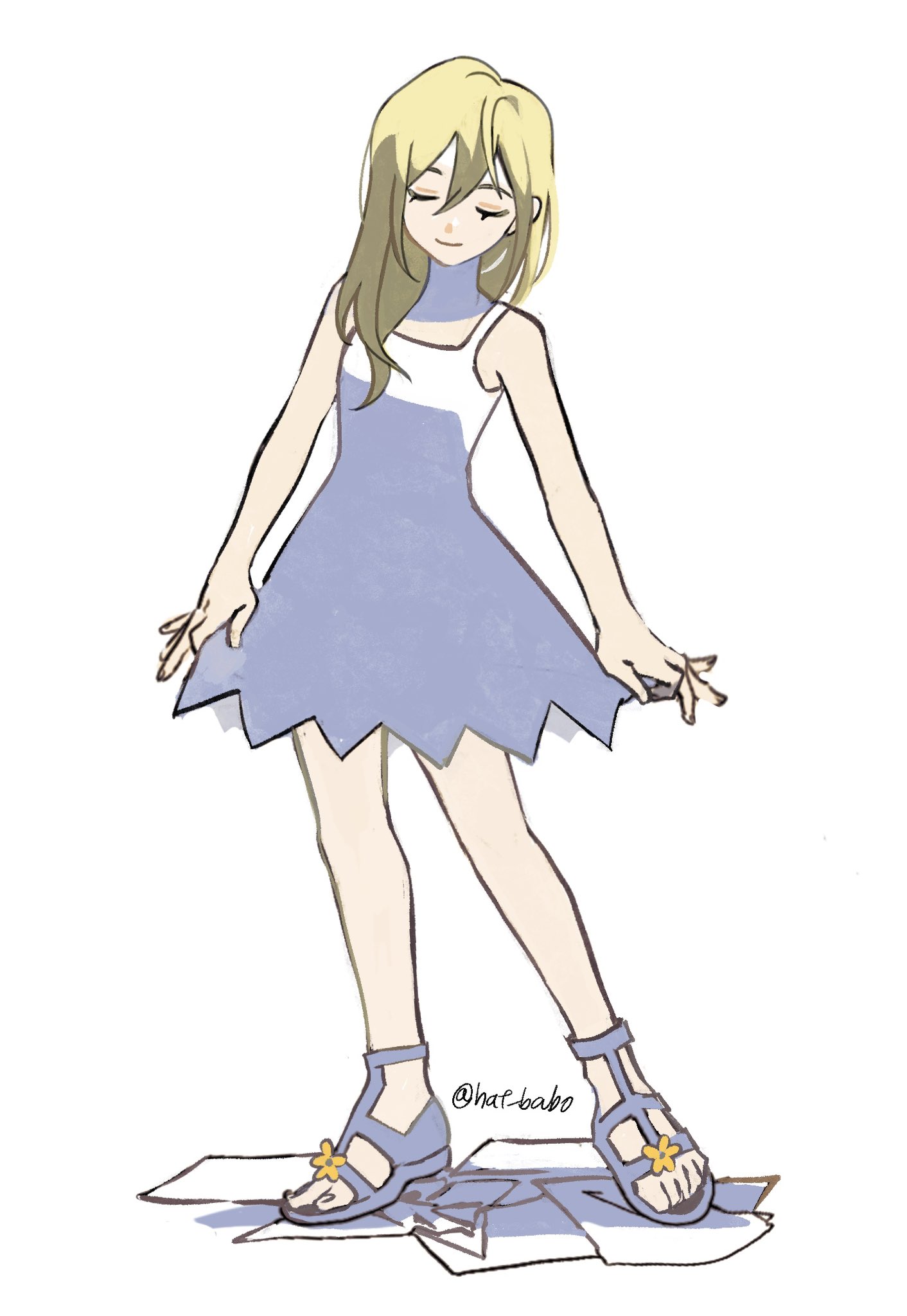hat babo, namine, kingdom hearts, kingdom hearts ii, highres, 1girl, bare arms, bare shoulders, blonde hair, breasts, closed eyes, dress, flower, footwear flower, full body, grey sandals, hair between eyes, hair over shoulder, light smile, long hair, medium breasts, paper, sandals, short dress, sleeveless, sleeveless dress, solo, sundress, twitter username, white background, white dress