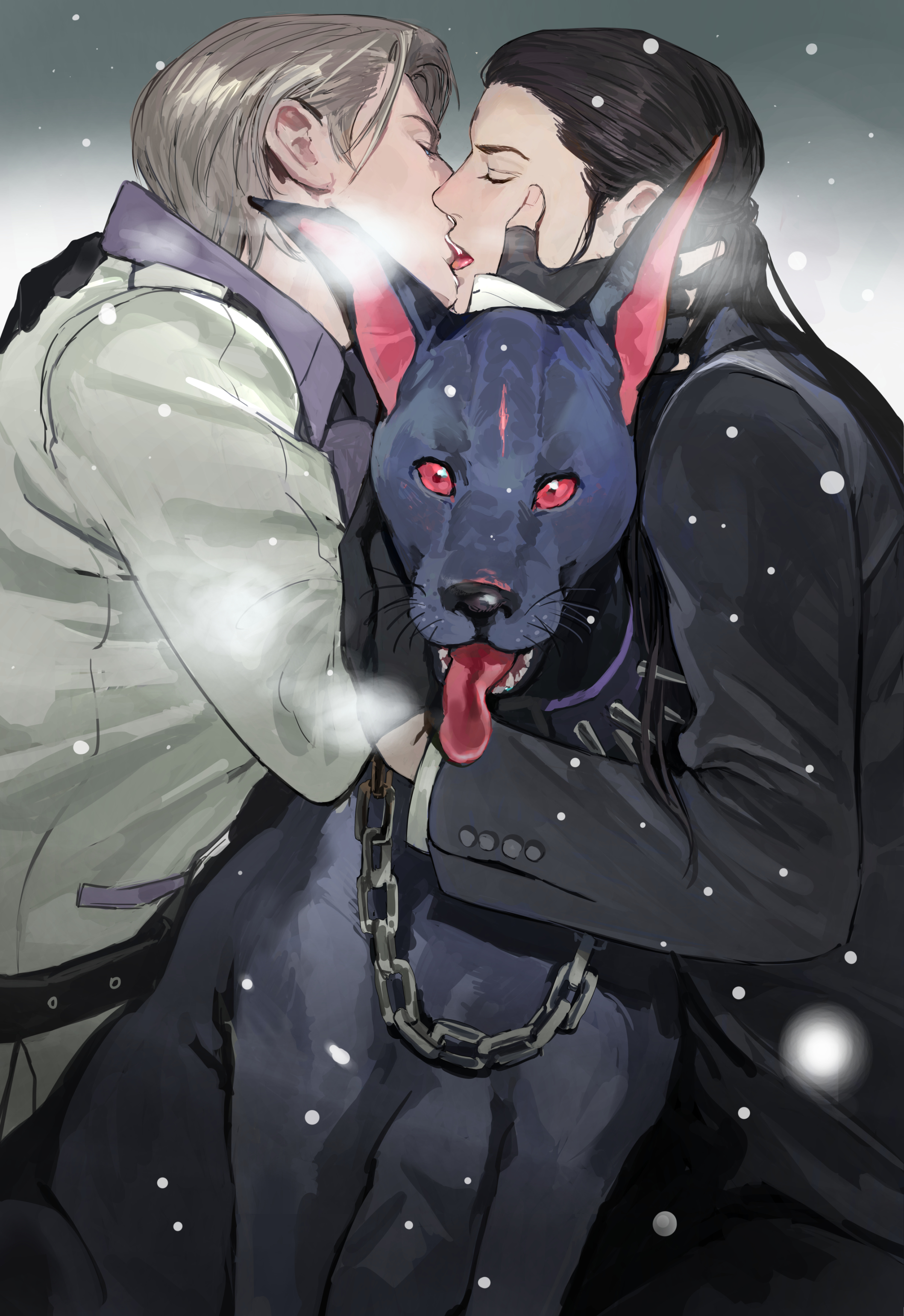 shou rou, rufus shinra, tseng, final fantasy, final fantasy vii, final fantasy vii remake, absurdres, commentary, highres, symbol-only commentary, 2boys, bindi, black gloves, black hair, black jacket, blonde hair, chain, chain leash, closed eyes, coat, collar, collarbone, dark nation, fingerless gloves, french kiss, gloves, hair slicked back, half updo, hand in another's hair, heavy breathing, jacket, kiss, leash, male focus, multiple boys, red eyes, shirt, short hair, snow, snowing, spiked collar, spikes, tongue, tongue out, white coat, white shirt, yaoi