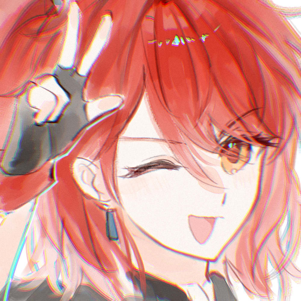 exusiai (arknights), exusiai the new covenant (arknights), arknights, chinese commentary, commentary request, 1girl, ;d, black gloves, chromatic aberration, close-up, earrings, fingerless gloves, gloves, hair between eyes, jewelry, light blush, one eye closed, open mouth, portrait, red hair, short hair, smile, solo, unbalamos-jewel, v, v over head, yellow eyes