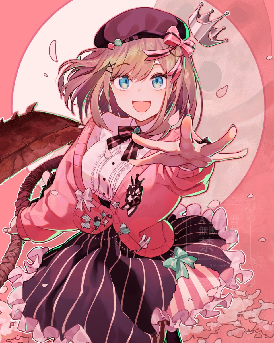 nu18john, suzuhara lulu, suzuhara lulu (1st costume), bloodborne, nijisanji, commentary request, highres, 1girl, :d, beret, blue eyes, bow, bowtie, breasts, brooch, brown hair, cardigan, center frills, crown, frilled skirt, frills, hair bow, hair ornament, hairclip, hat, holding, holding weapon, jewelry, long sleeves, looking at viewer, medium breasts, medium hair, moon, open mouth, pink background, pink bow, pink cardigan, reaching, reaching towards viewer, shirt, skirt, smile, solo, striped bow, striped clothes, striped skirt, vertical-striped clothes, vertical-striped skirt, virtual youtuber, weapon, white shirt, x hair ornament