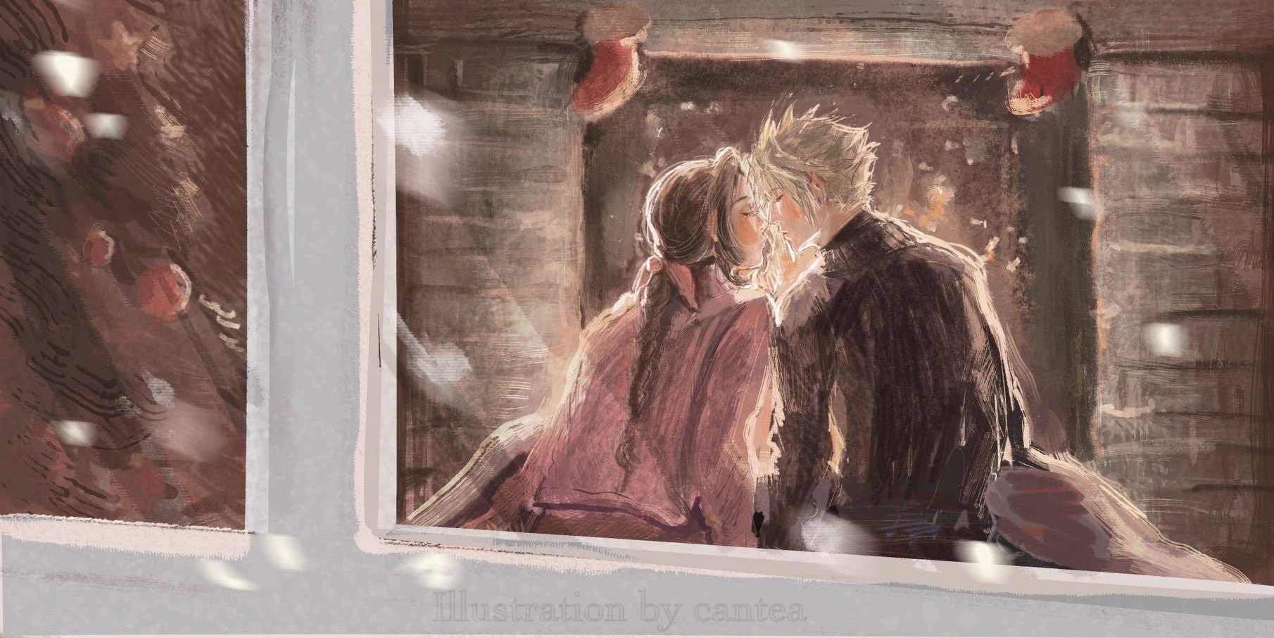 canteatea, aerith gainsborough, cloud strife, final fantasy, final fantasy vii, commentary, english commentary, highres, 1boy, 1girl, black sweater, blonde hair, braid, braided ponytail, brown hair, christmas, christmas ornaments, christmas stocking, christmas tree, closed eyes, couple, fireplace, hair ribbon, hetero, imminent kiss, parted bangs, pink ribbon, pink sweater, ribbon, single braid, snow, snowing, spiked hair, sweater, turtleneck, turtleneck sweater, upper body, window