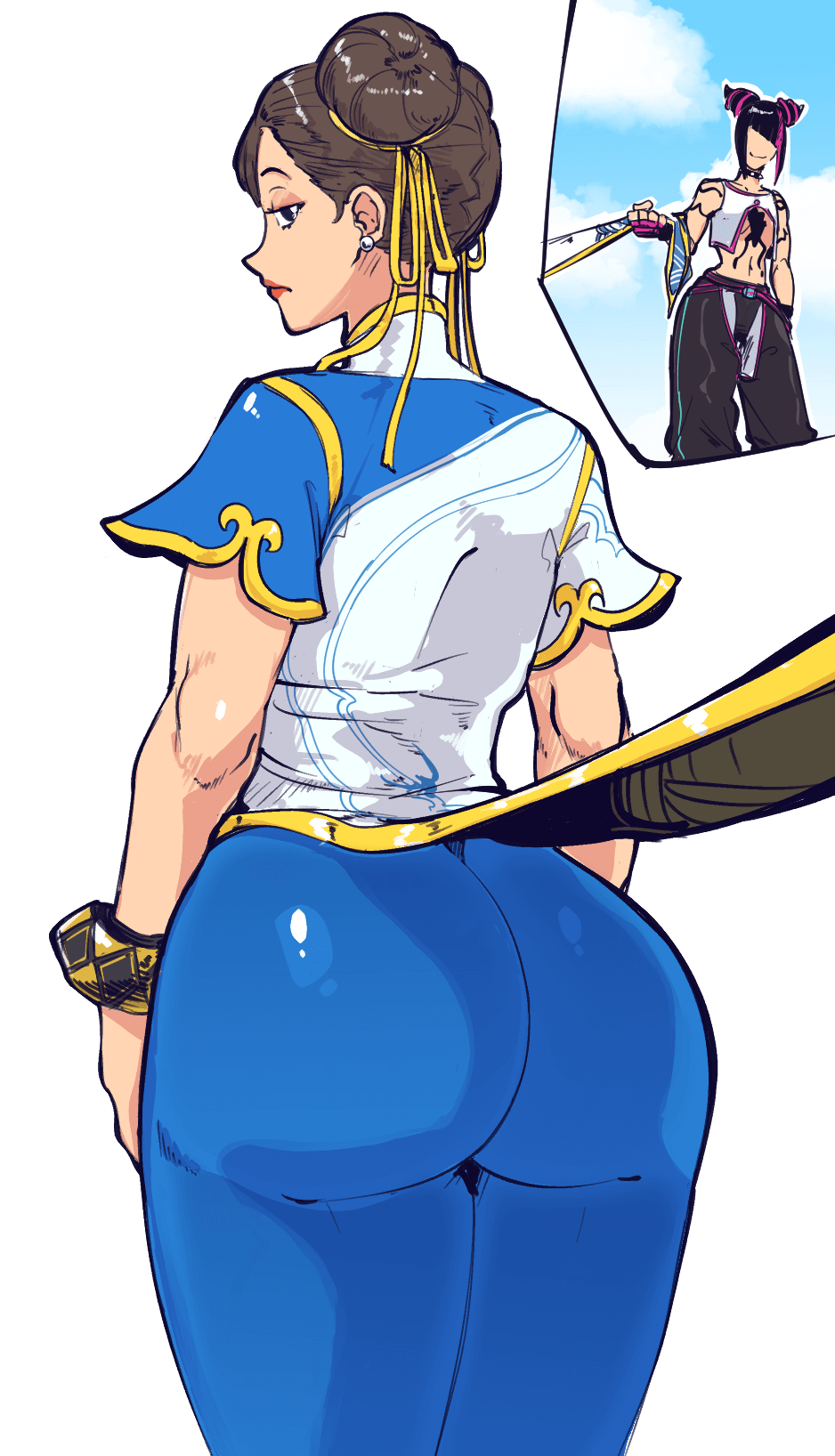 plow (witch parfait), chun-li, han juri, capcom, street fighter, street fighter 6, highres, 2girls, ass, baggy pants, black hair, blue bodysuit, blue dress, bodysuit, bracelet, brown eyes, brown hair, china dress, chinese clothes, collar, diagonal bangs, double bun, dress, drill hair, fighting stance, fingerless gloves, from behind, gloves, hair bun, hair horns, jewelry, looking back, multiple girls, open pajamas, pajamas, panties over leggings, pants, pulling another's clothes, short sleeves, solo focus, spiked bracelet, spiked collar, spikes, twin drills, two-tone dress, white dress, yellow dress