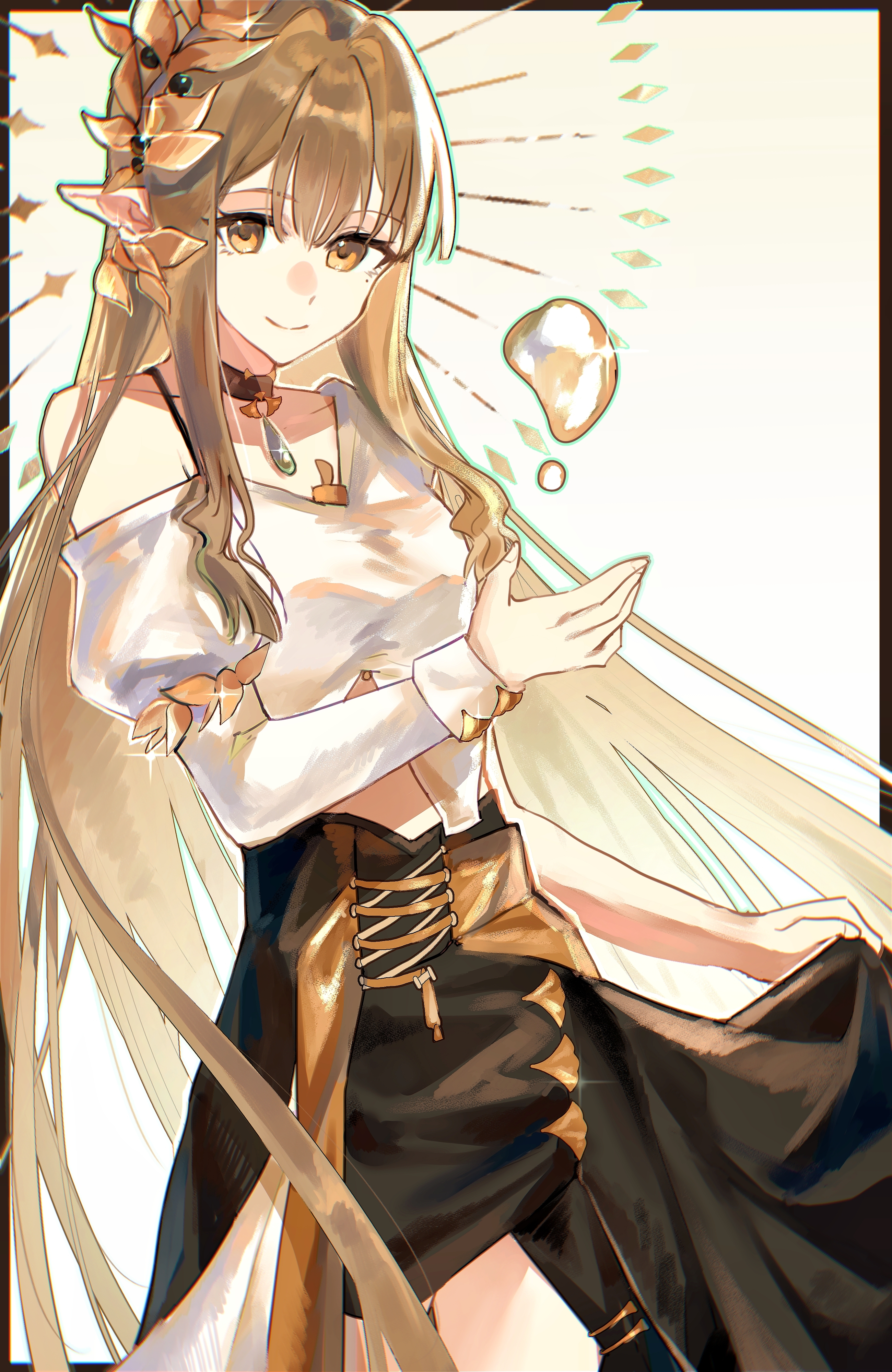 muelsyse (arknights), muelsyse (golden reverie) (arknights), ambience synesthesia, arknights, absurdres, chinese commentary, commentary request, highres, 1girl, aura, bare shoulders, black skirt, blonde hair, chromatic aberration, closed mouth, cowboy shot, elf, glint, gold, hair between eyes, hair ornament, hydrokinesis, long hair, long sleeves, looking at viewer, magic, official alternate costume, pointy ears, shirt, single sleeve, skirt, skirt hold, smile, solo, standing, unbalamos-jewel, water, white shirt, yellow eyes