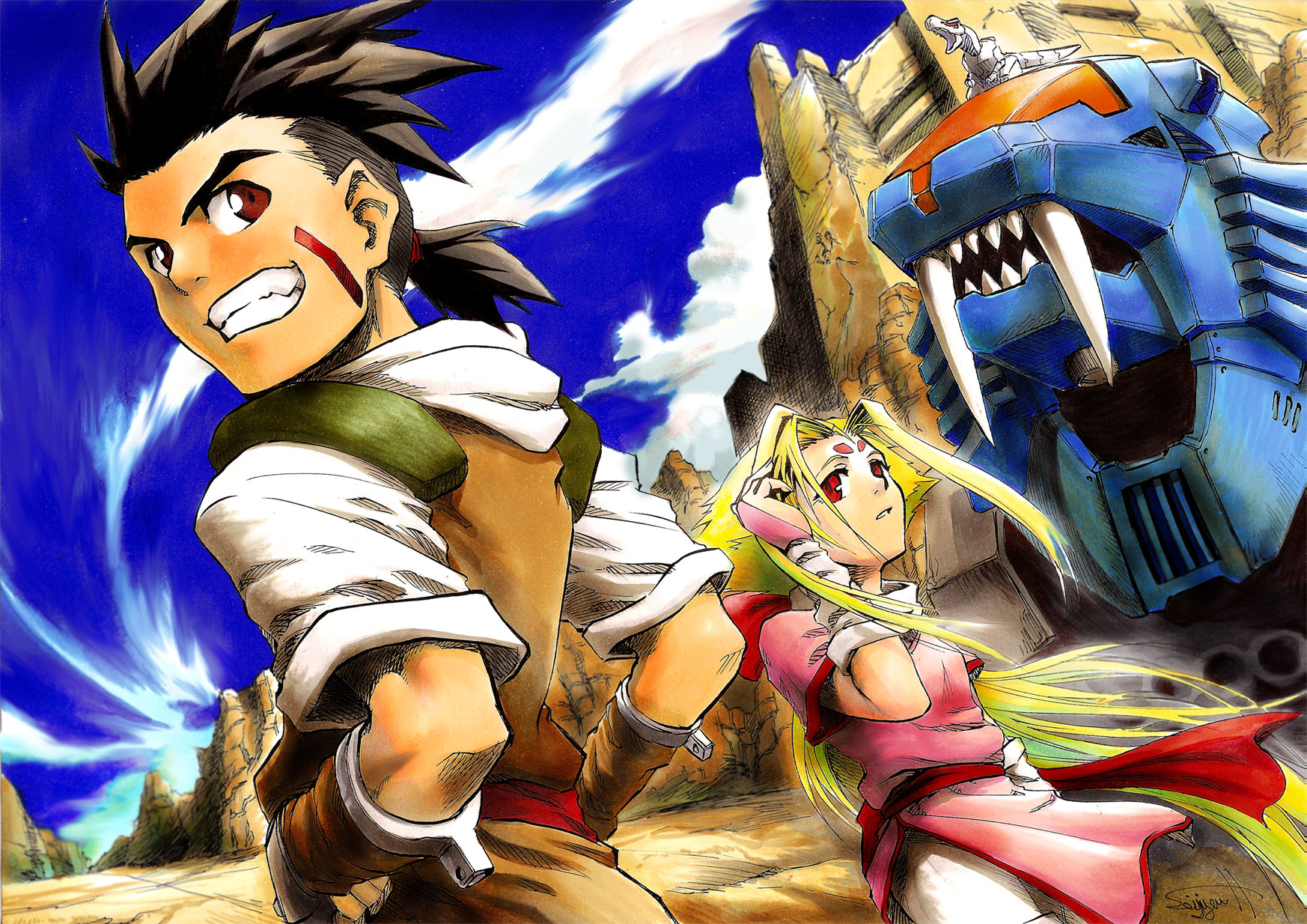 sei jun, fiona (zoids), shield liger, van flyheight, zeke (zoids), zoids, zoids chaotic century, highres, 1boy, 1girl, blonde hair, brown hair, facial mark, grin, long hair, mecha, ponytail, red eyes, robot, smile, very long hair, wind